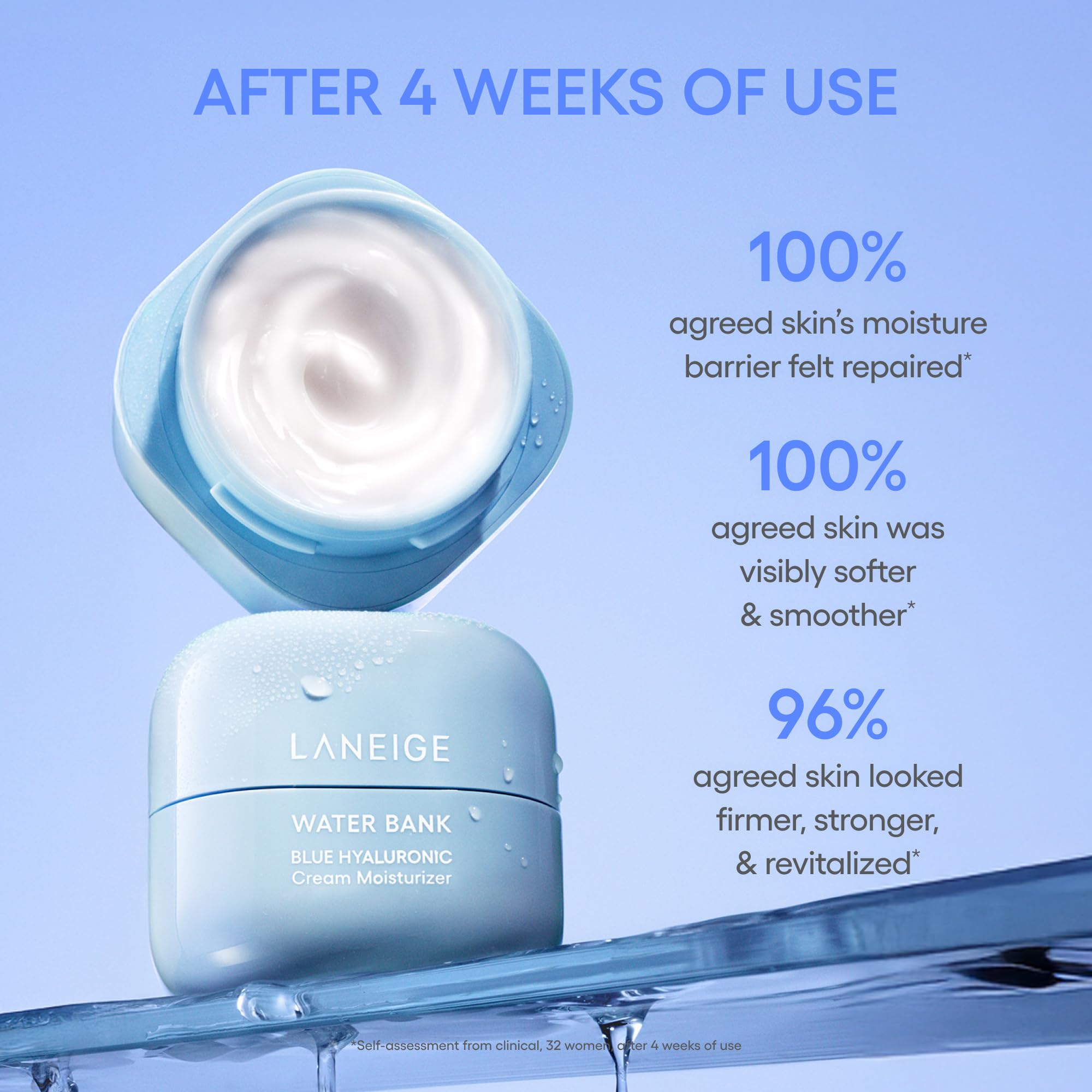 Laneige Water Bank Blue Hyaluronic Cream jar showing the skincare product in a 50ml container with blue and white packaging.