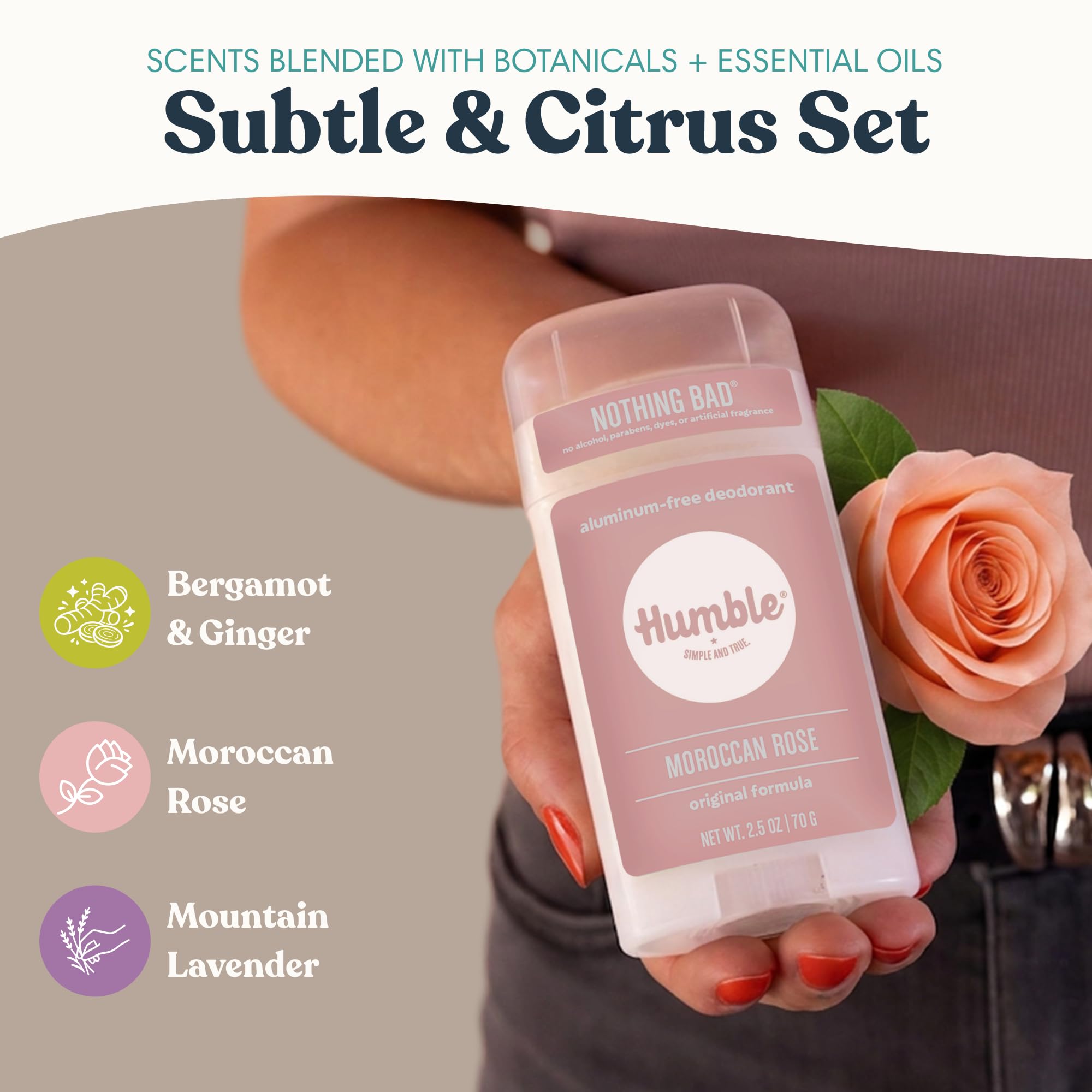 Humble aluminum-free deodorant variety pack with three natural body deodorants, featuring clean, simple packaging and fresh scents.