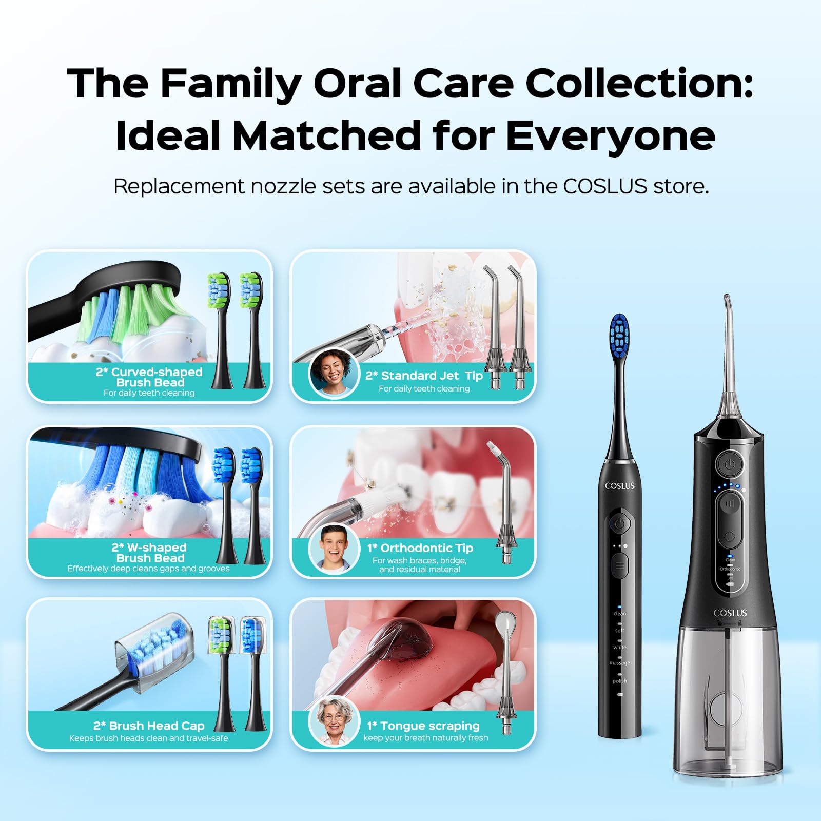 COSLUS C51C30 electric toothbrush and water flosser combo, 2-in-1 oral clean kit with brush head and water spray in the image.