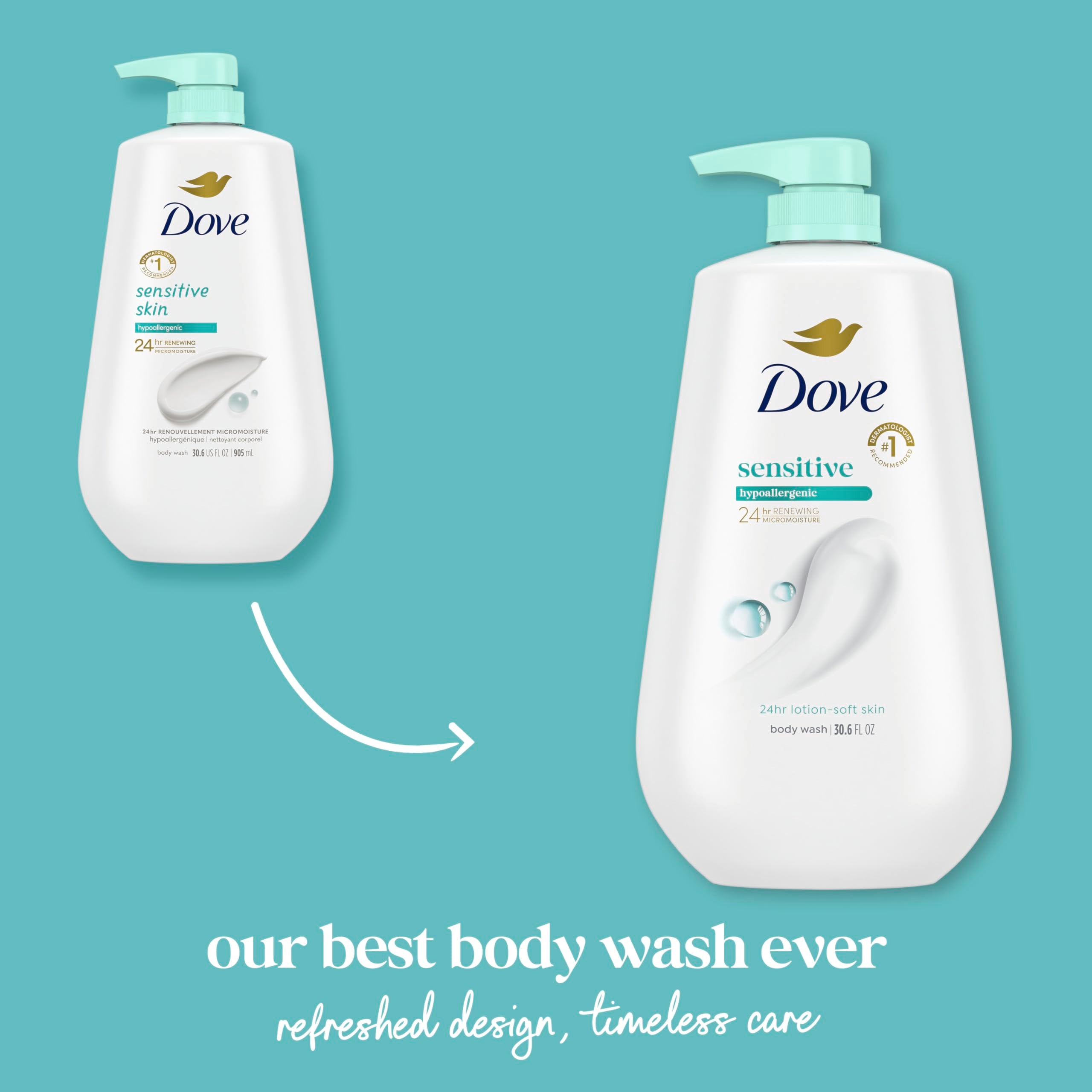 Dove 24hr Sensitive Skin Body Wash with pump, 30.6 oz, showing the bottle with label and pump dispenser.