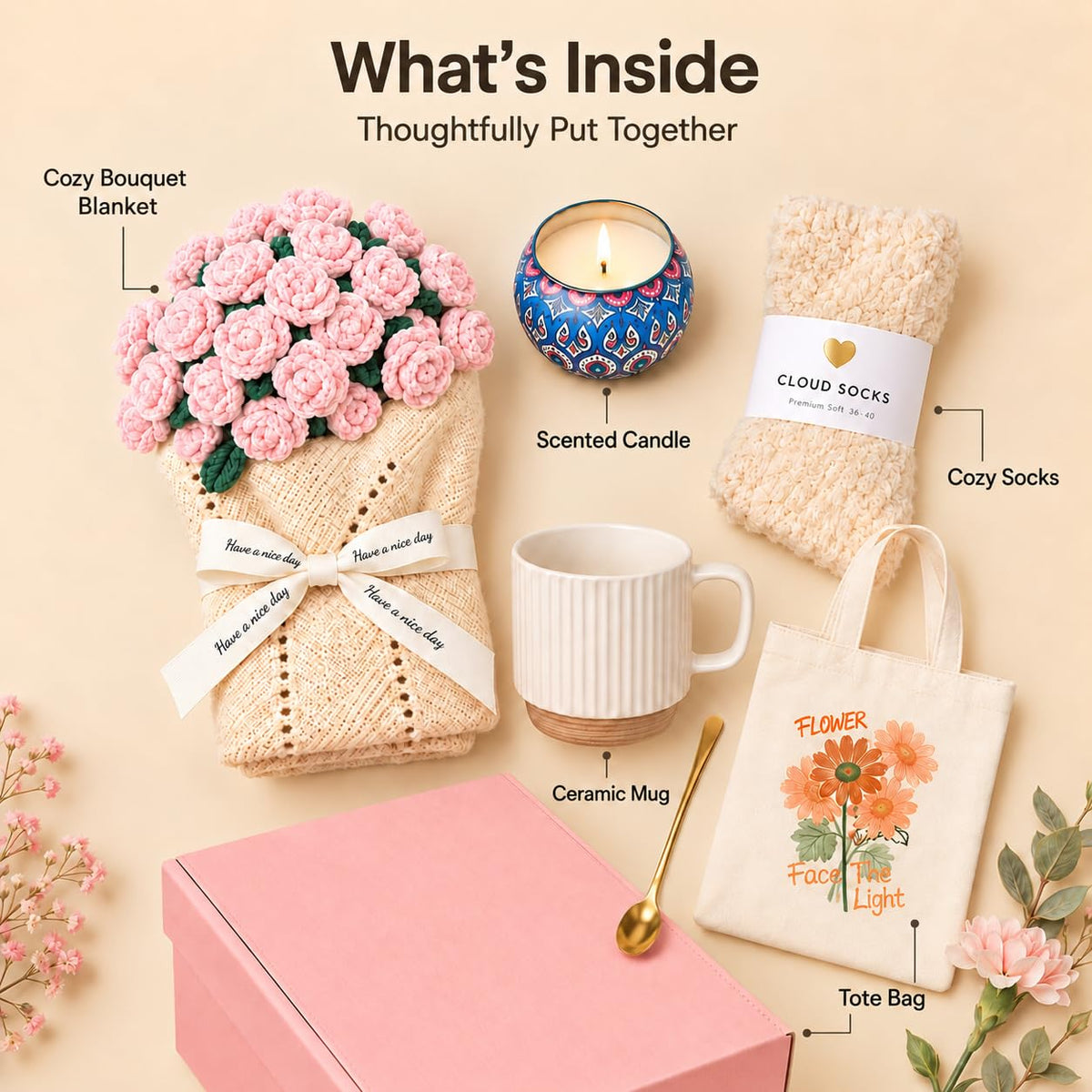 Gifts for Women Self Care Gift Set with Bouquet Blanket Cup - Smbrige Official Imagery - 3
