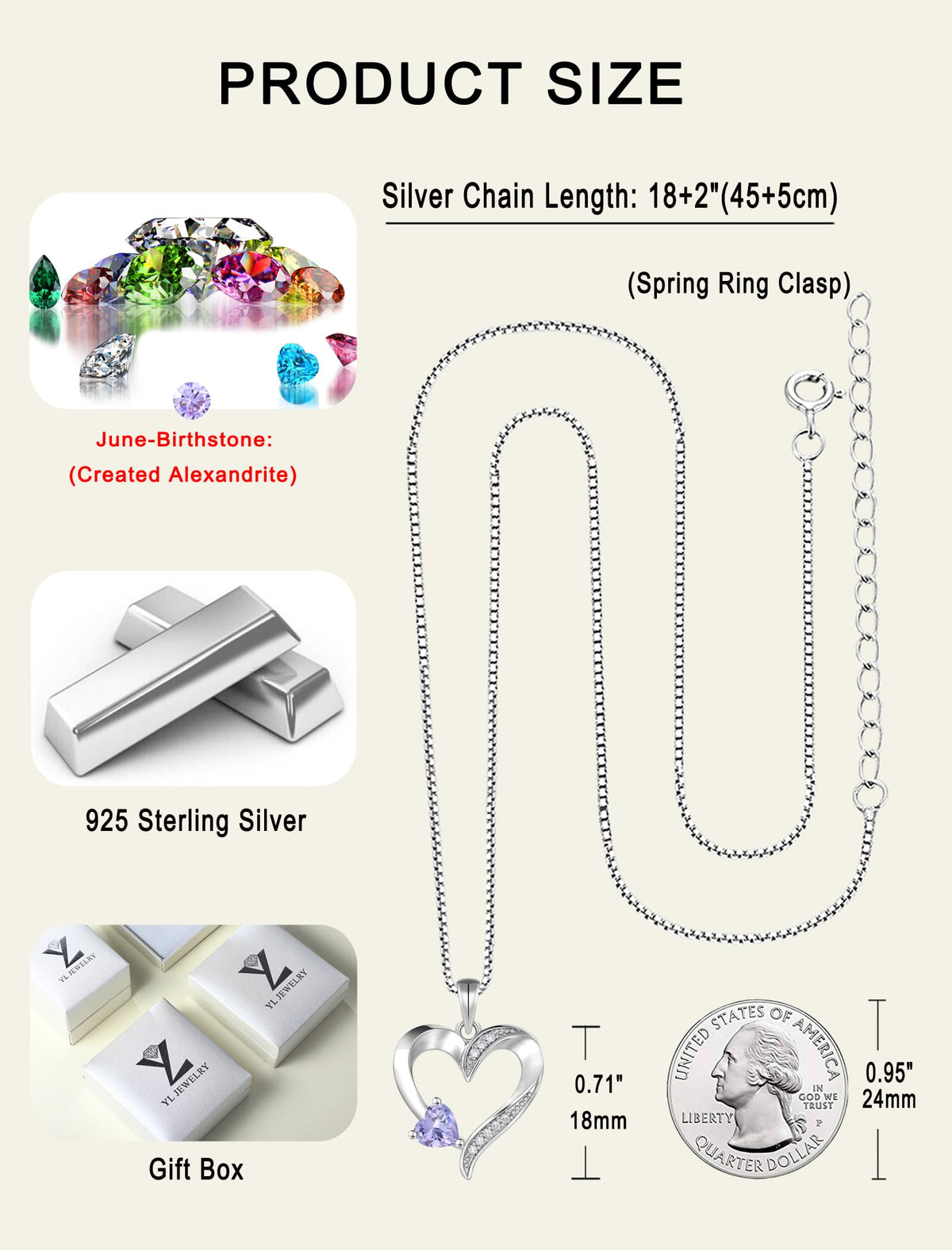 YL Heart Necklace 925 Sterling Silver Love Heart Pendant Birthstone Jewelry for Women – alternate angle