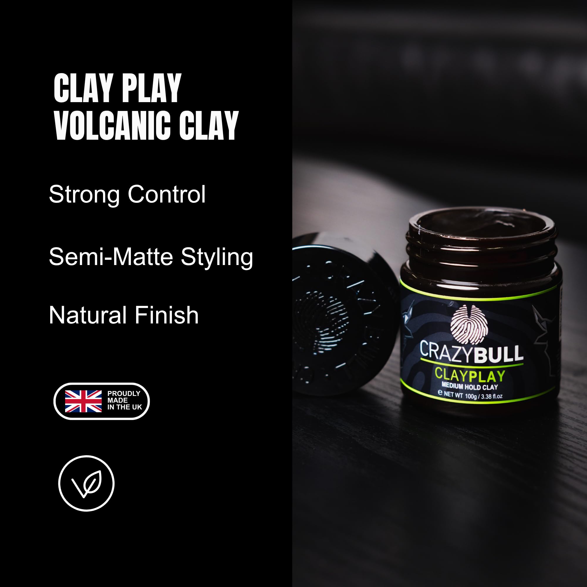 Crazy Bull Hair Play Medium Hold Clay with volcanic ash, long-lasting, vegan-friendly hair styling clay for men