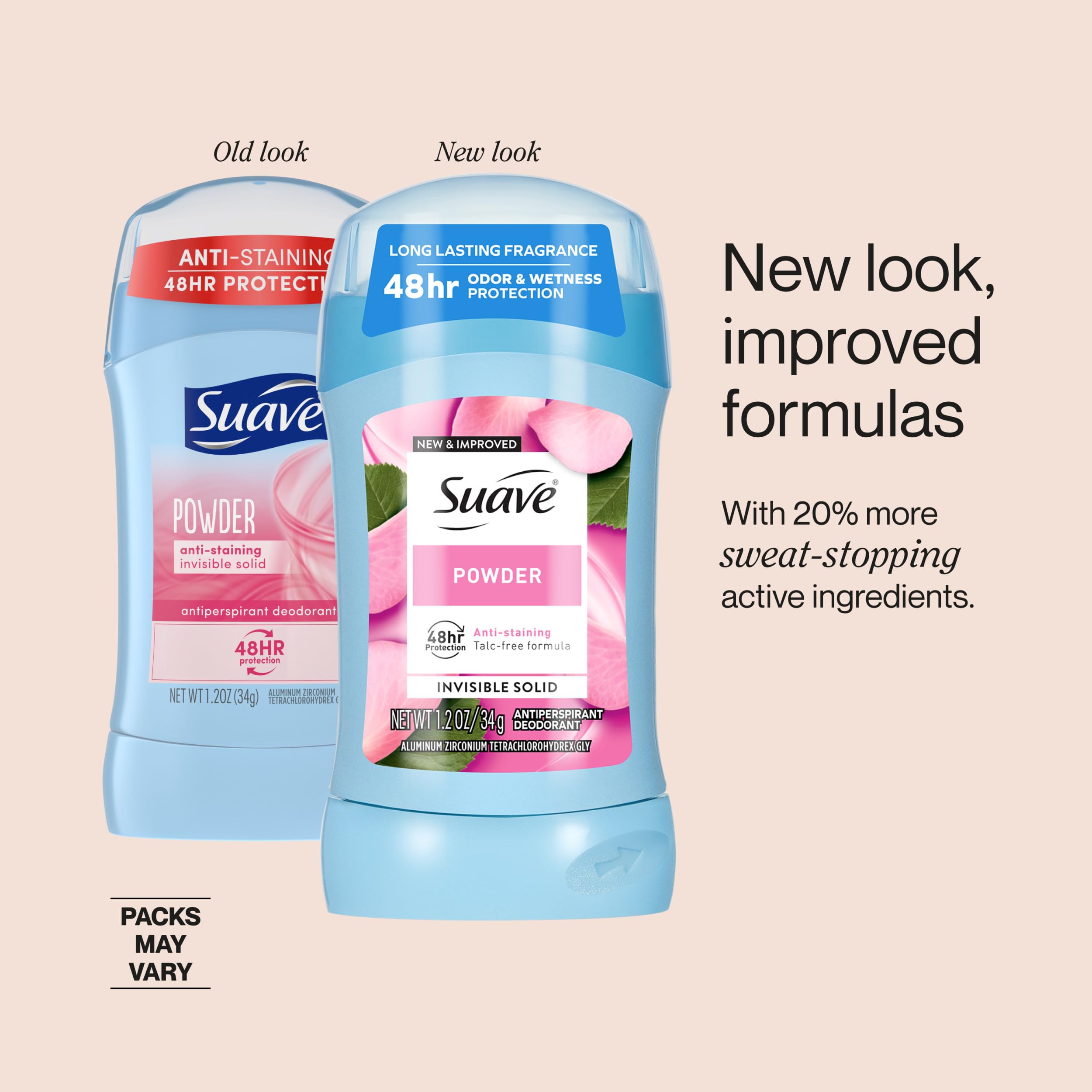 Suave Women's antiperspirant deodorant powder in 1.2oz containers, 12-pack, with clear packaging and branding visible.