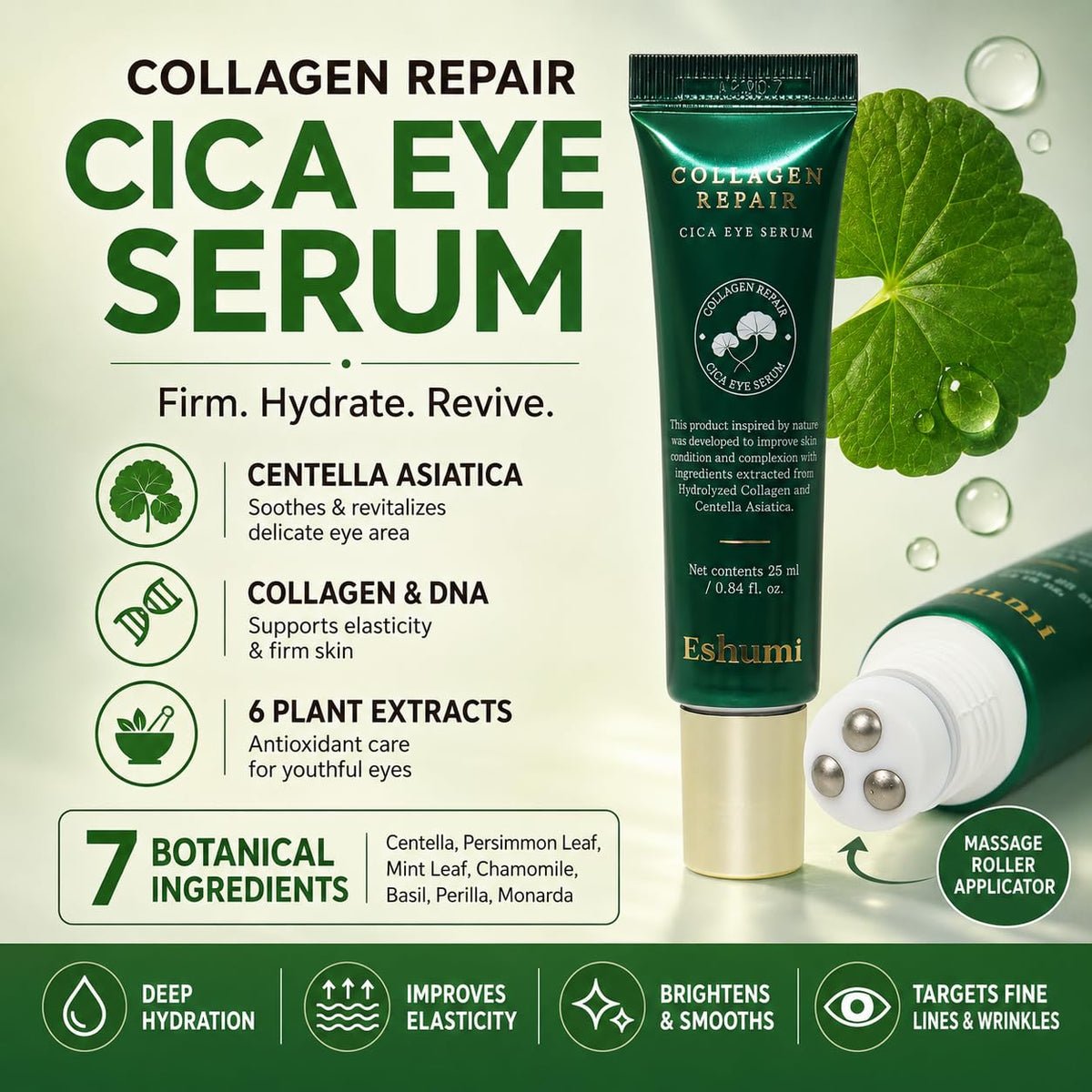 ESHUMI Collagen Repair Rolling Cica Eye Serum - Korean Cooling Rollerball Eye Massager Serum for Tired Eyes, Hydration &
