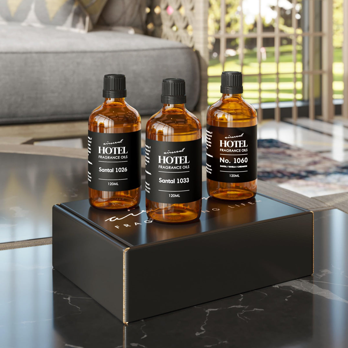 Air-Scent AirScent Hotel Diffuser Oil Gift Set - Santal Scents 3 Pack - 120 mL – back view and specifications