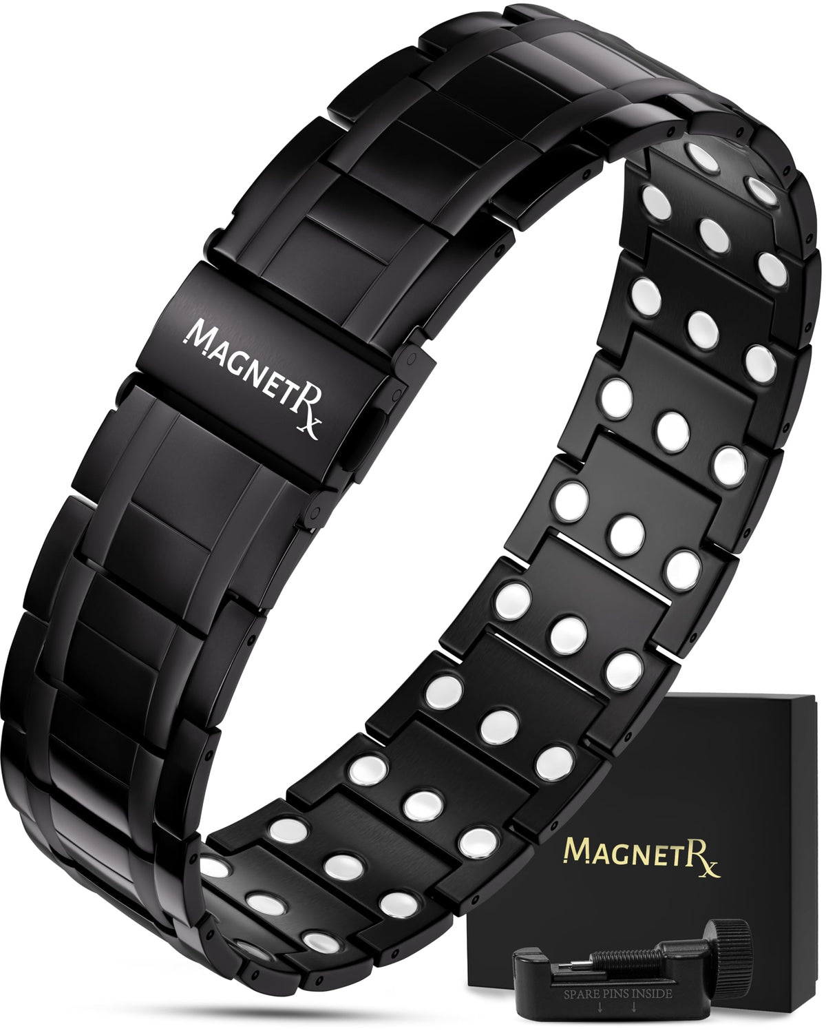 MagnetRX® 3X Strength Titanium Magnetic Bracelets for Men (Black) – Black (3X Strength), Titanium, 23 centimeters