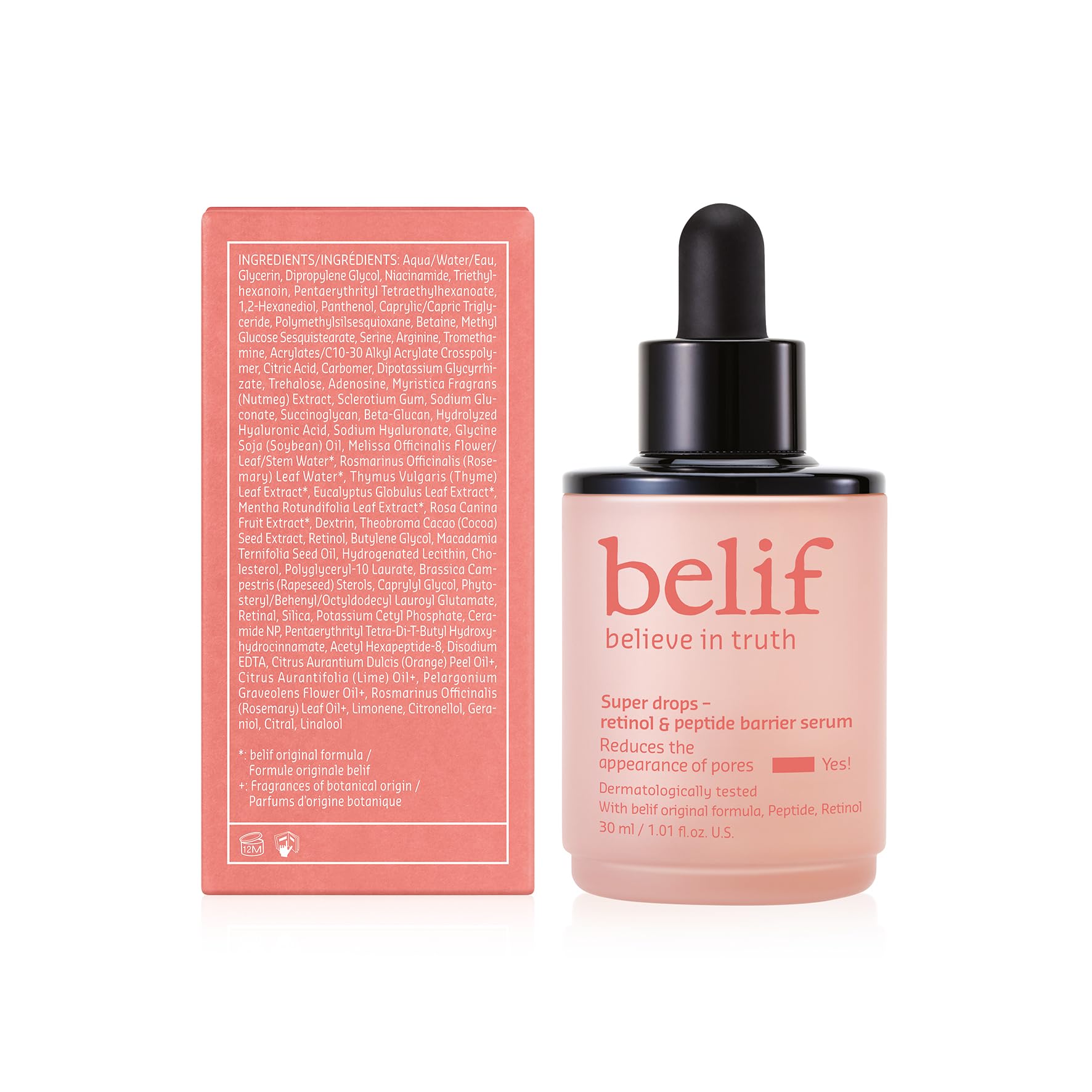 belif Retinol & Peptide Super Drops serum in a 1.01 fl oz bottle, showing the sleek packaging and dropper applicator.