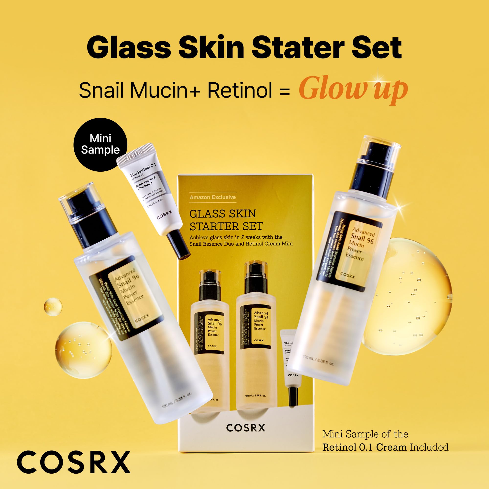 COSRX skincare products featuring snail mucin essence and retinol cream mini sample, displayed with their packaging.