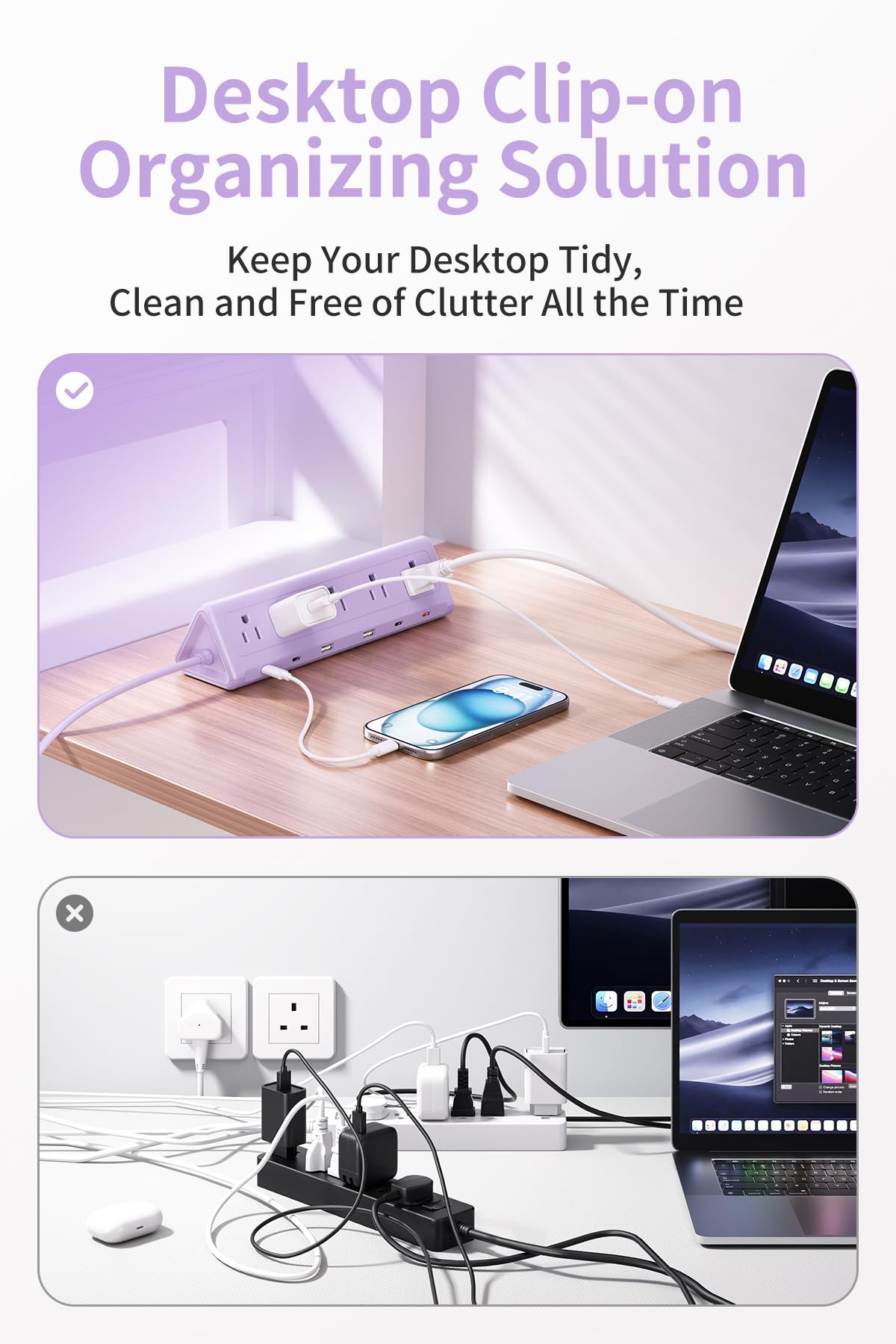 SMALLRT Purple Desk Clamp Power Strip with 6.5 FT Extension Cord, PD 40W USB-C Fast Charging Ports, 5 AC Outlets 4 USB-C
