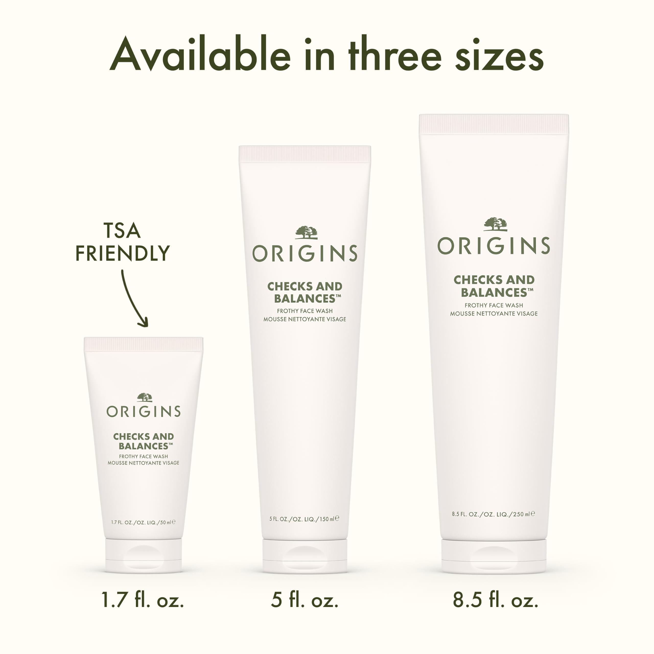 Origins Checks & Balances Frothy Face Wash in a 5 fl oz bottle, showing the clear gel formula and brand label.
