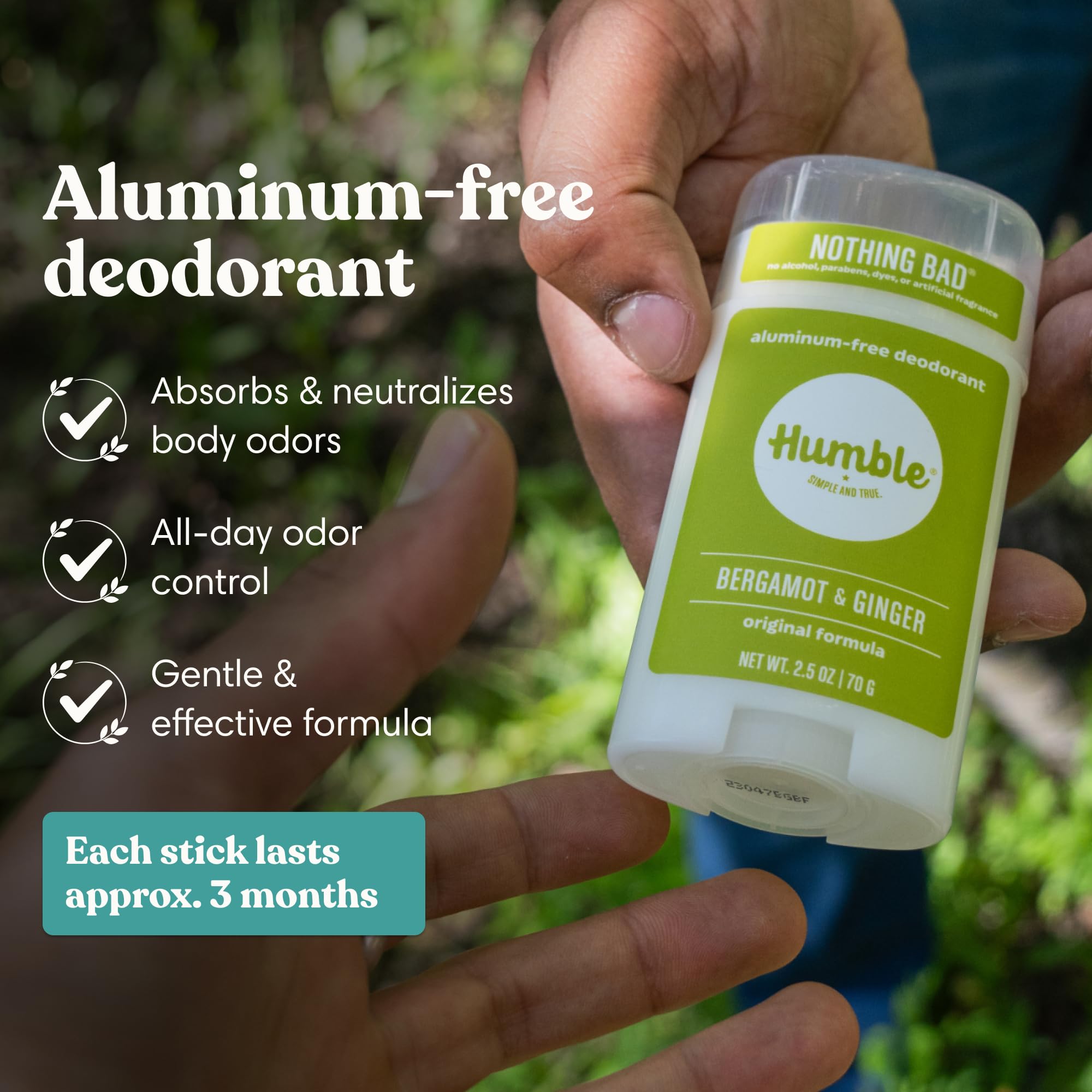 Humble aluminum-free deodorant variety pack with three natural body deodorants from Humble Simple and True, in sleek stick packaging.