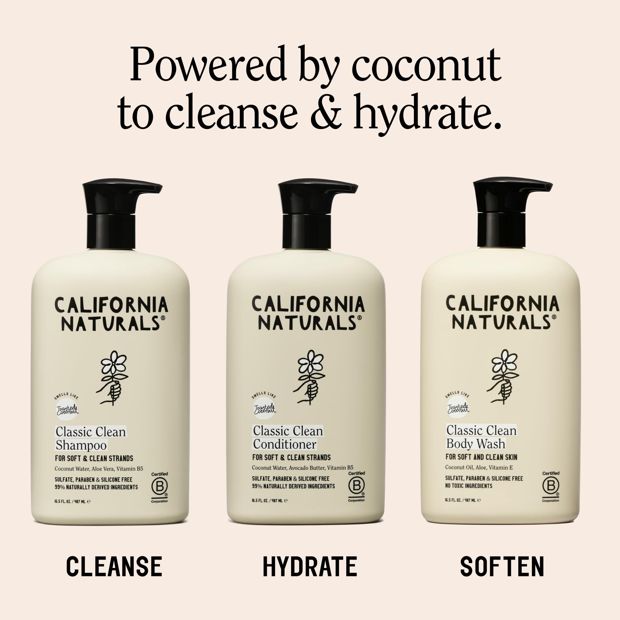 California Naturals Toasted Coconut shampoo and conditioner set, moisturizing hair cleaner and conditioner with toasted coconut scent.