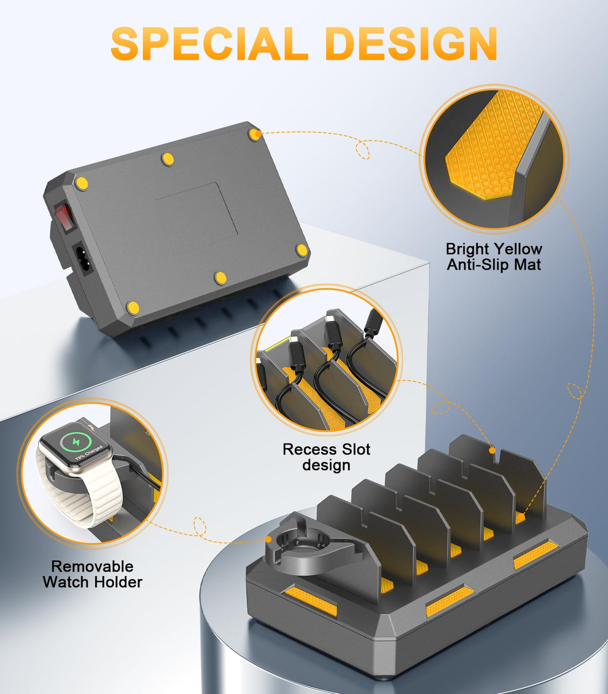 CREATIVE DESIGN Charging Station for Multiple Devices, 50W Charger Dock – back view and specifications