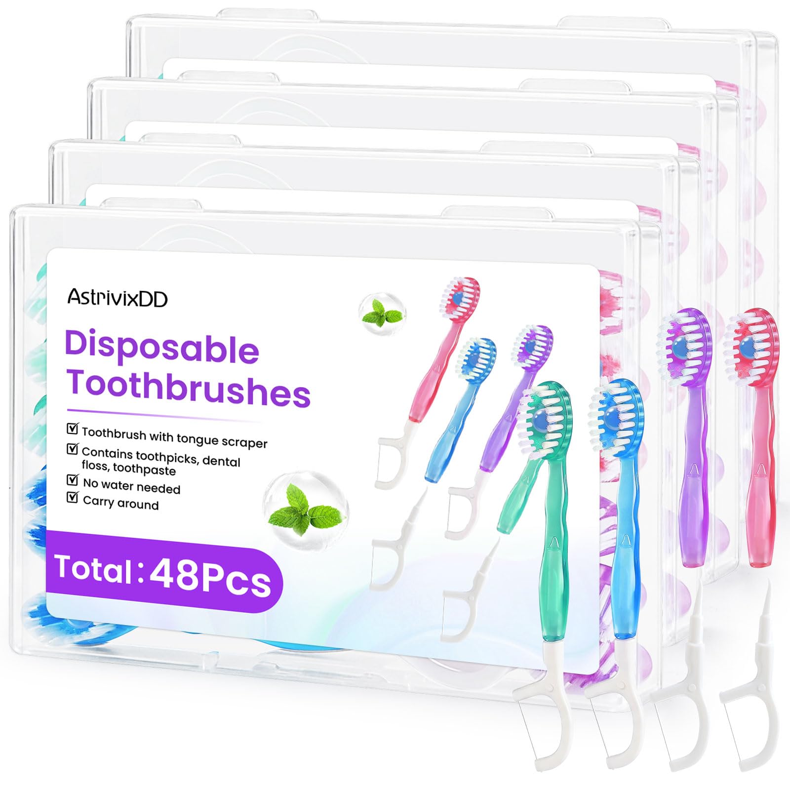 48 Pack 5-in-1 Mini Toothbrush Disposable, Prepasted Toothbrushes - Product Imagery