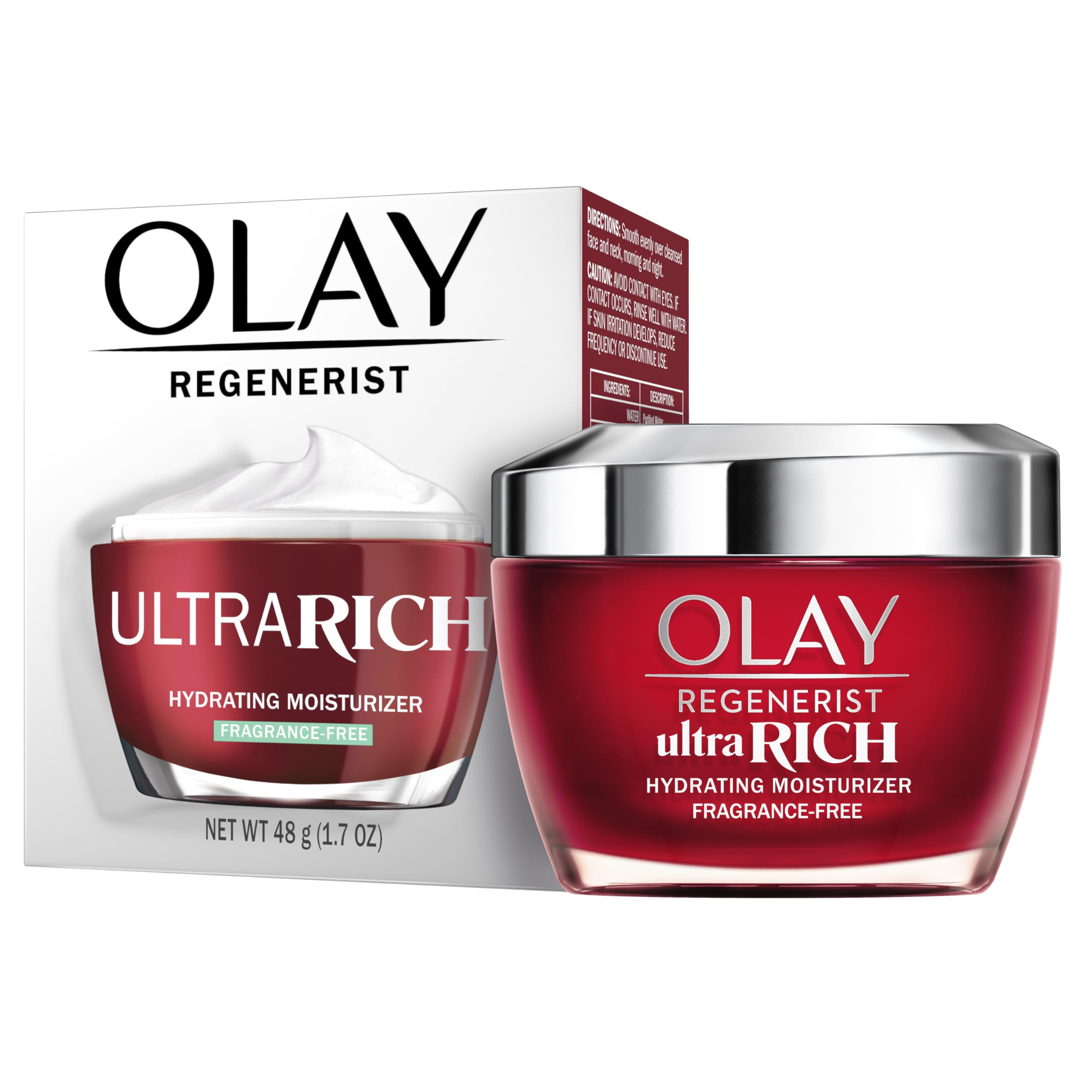 Olay Regenerist Ultra Rich Face Moisturizer in 1.7 oz jar, fragrance-free skincare product for deep hydration and skin renewal.
