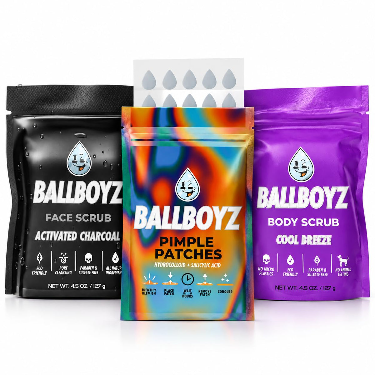 Ballboyz Acne Skin Care Kit for Teen Boys, Face & Body Scrub with Patches – product photo (Scrubs)