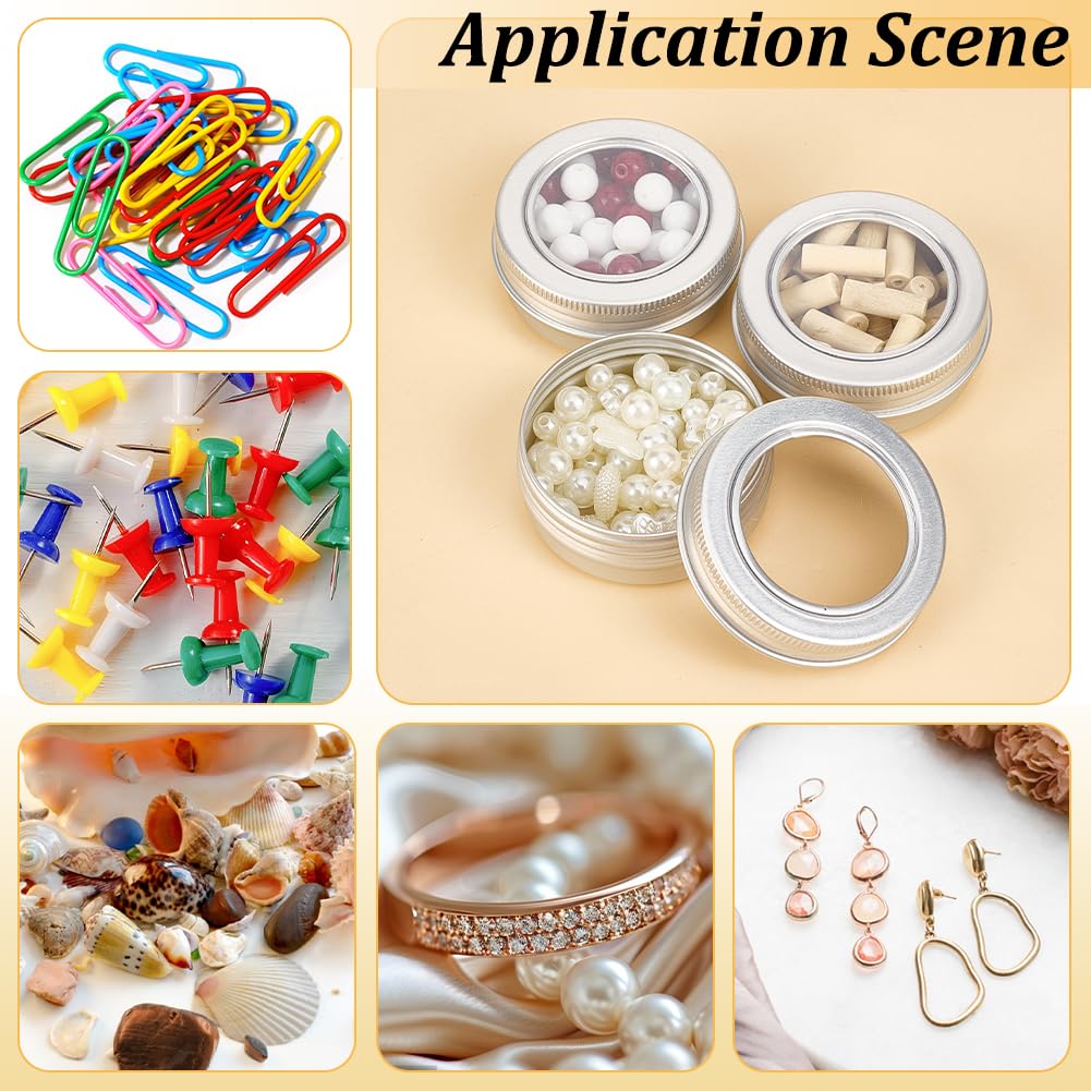BENECREAT 50 Pcs Metal Tin Cans with Clear Top, 1 Oz/30ml Roud Aluminum Metal Tins Empty Containers for Cosmetics Beads 