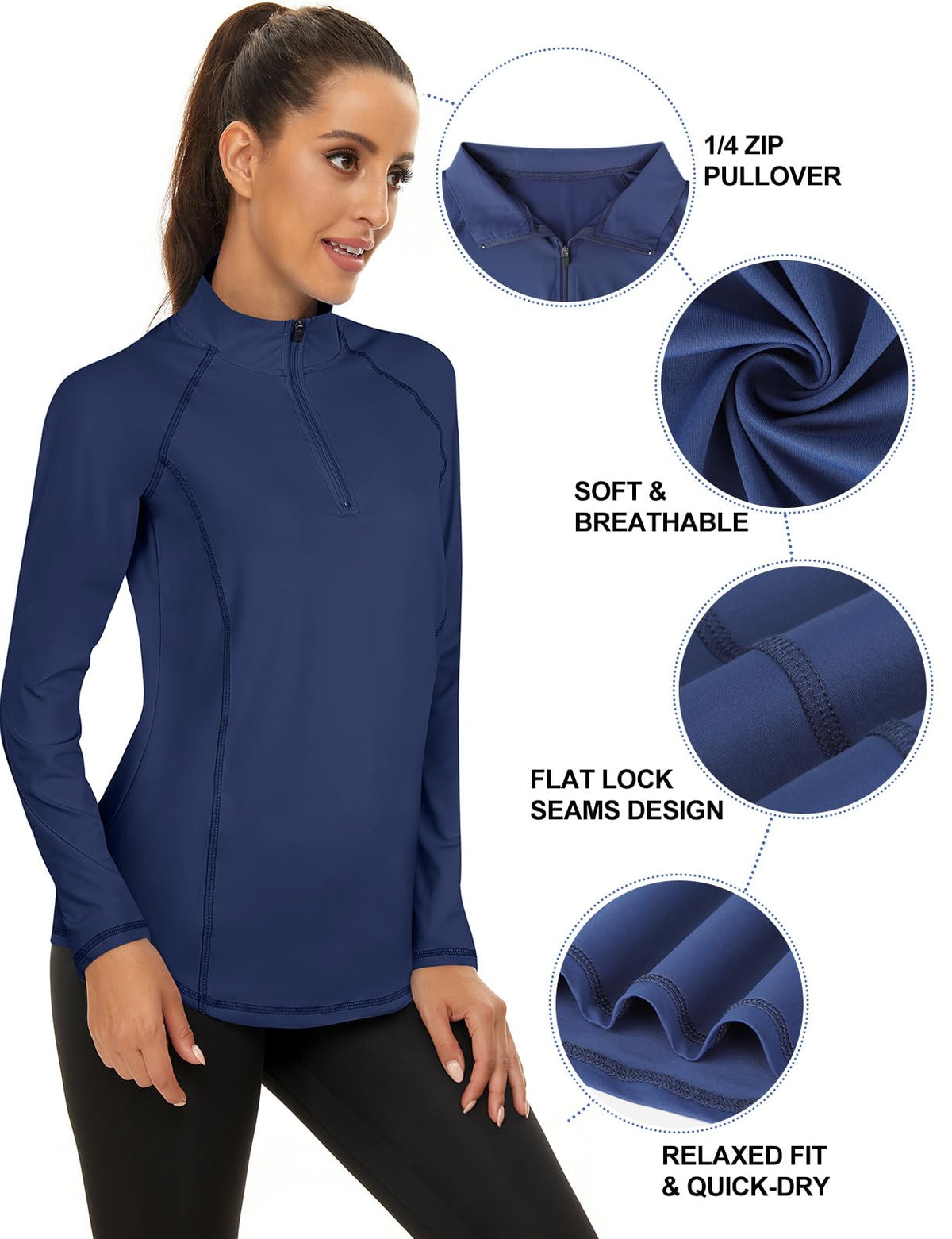 LURANEE Womens UPF 50+ Long Sleeve 1/4 Zip Pullover Athletic Hiking Running Workout Tops – back view and specifications
