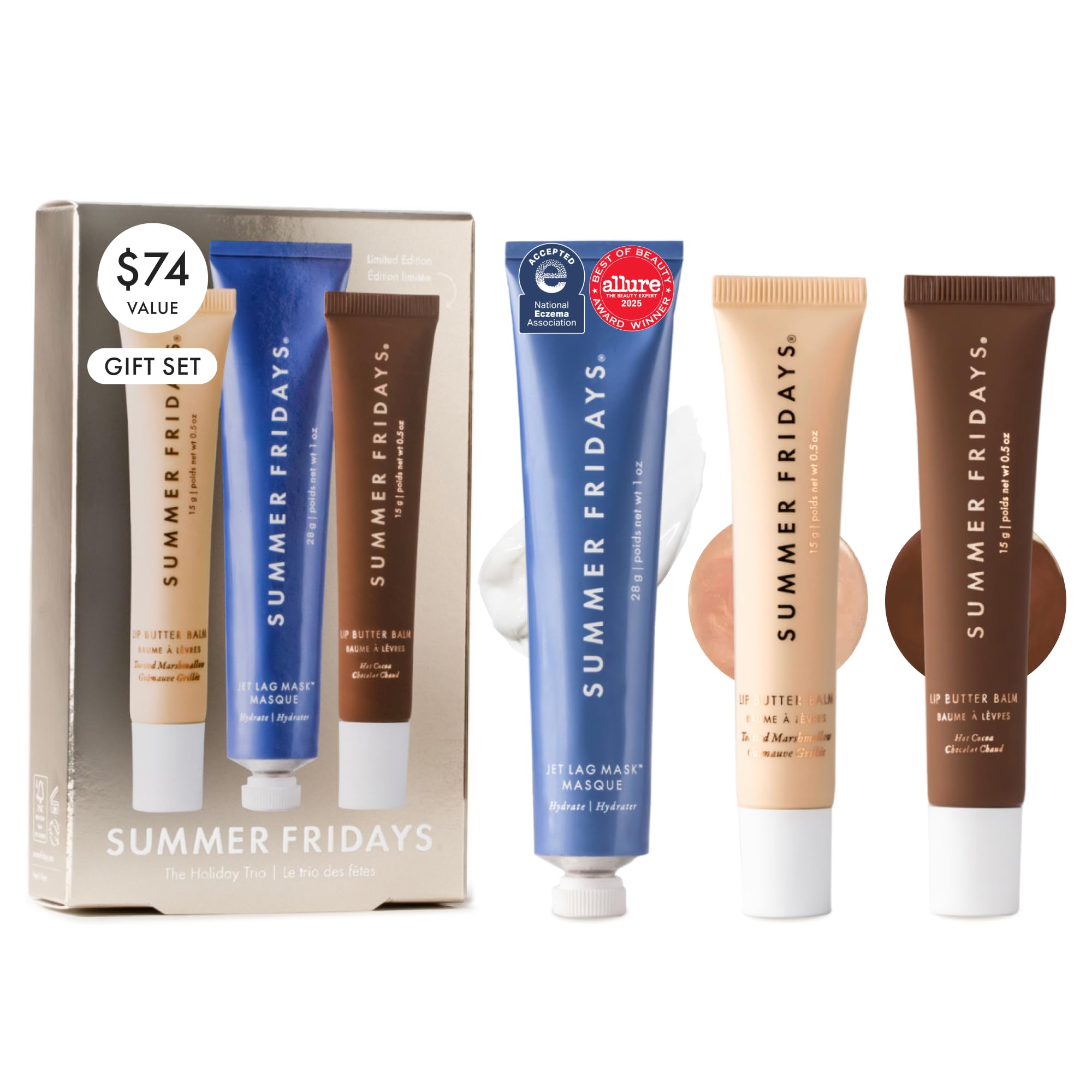 Summer Fridays Hydration Trio - Travel Size Jet Lag Mask + Full Size Lip Butter Balm Duo in Hot Chocolate + Toasted Marshmallow - Skin Care Set for Hydrated Complexion + Glossy, Soft Lips (3 Count)