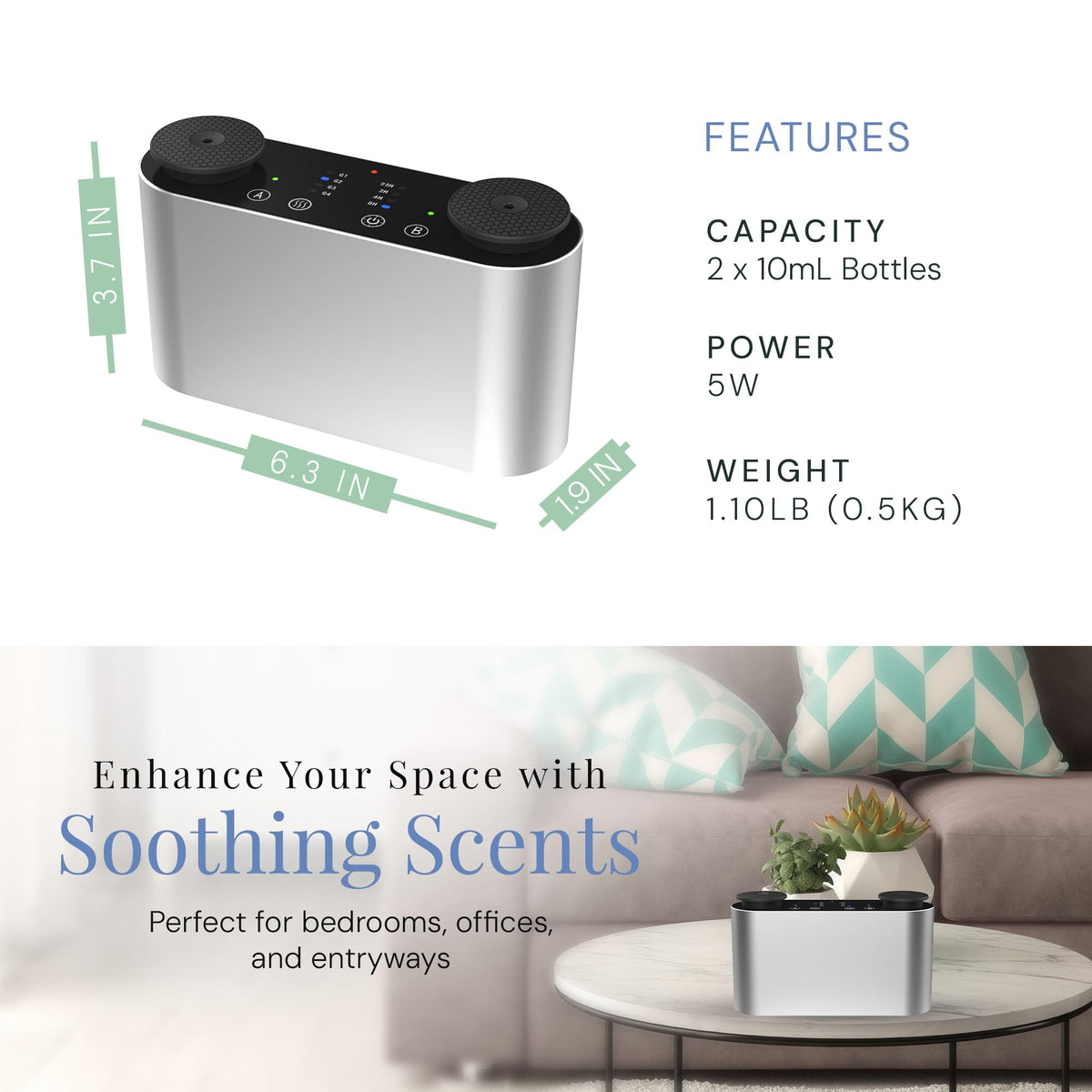 Air Esscentials Mini Duo Smart Waterless Diffuser, 200 m³ Coverage – close-up detail in Silver