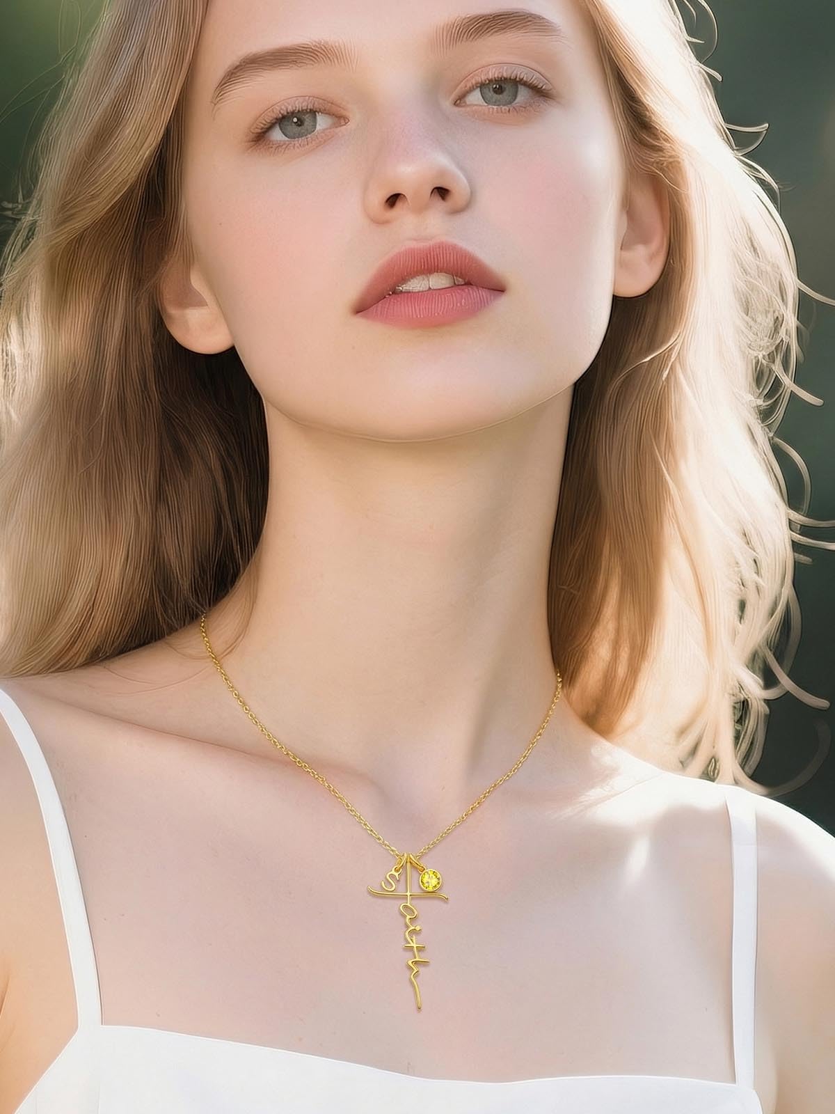 Poiuy Faith Cross Necklaces for Women with Initial Charms and Birthstone – packaging and label