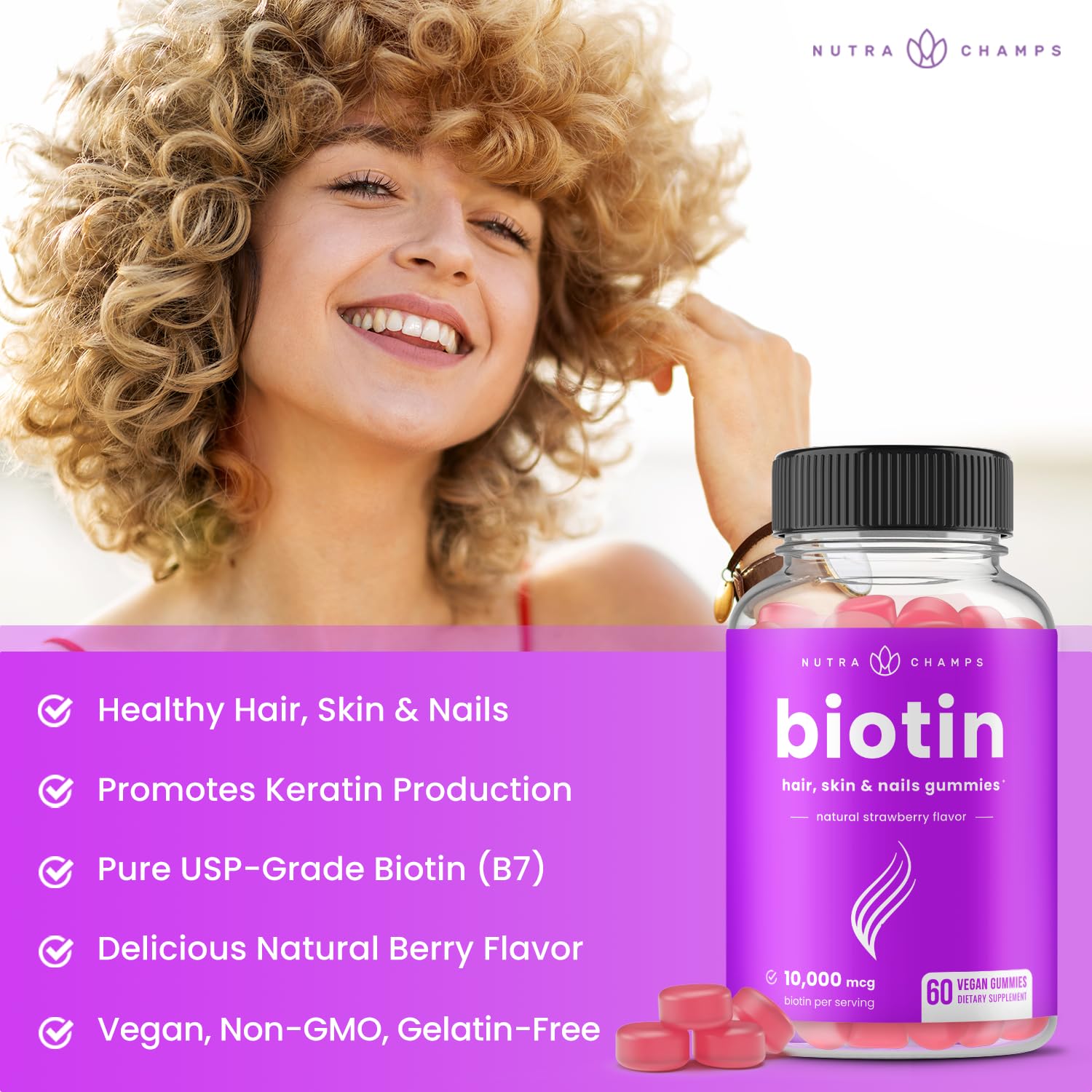 NutraChamps Biotin Gummies 10,000mcg vitamin supplement for healthy hair, skin, and nails, vegan and non-GMO, two-pack.