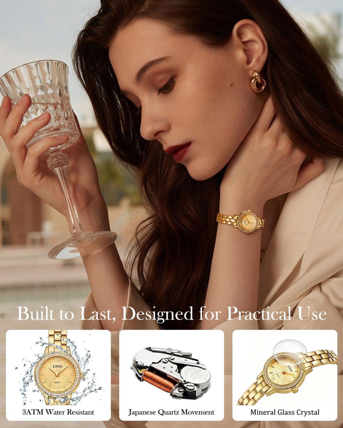CIVO Small Gold Watches for Women: Luxury Dainty Diamond Chic Ladies Watch – full view