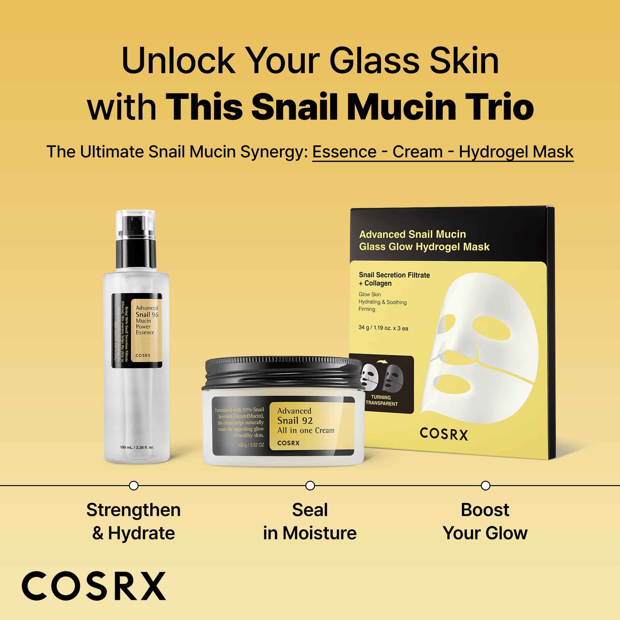 COSRX skin care set featuring snail mucin essence and retinol cream mini samples, ideal for hydration and anti-aging.