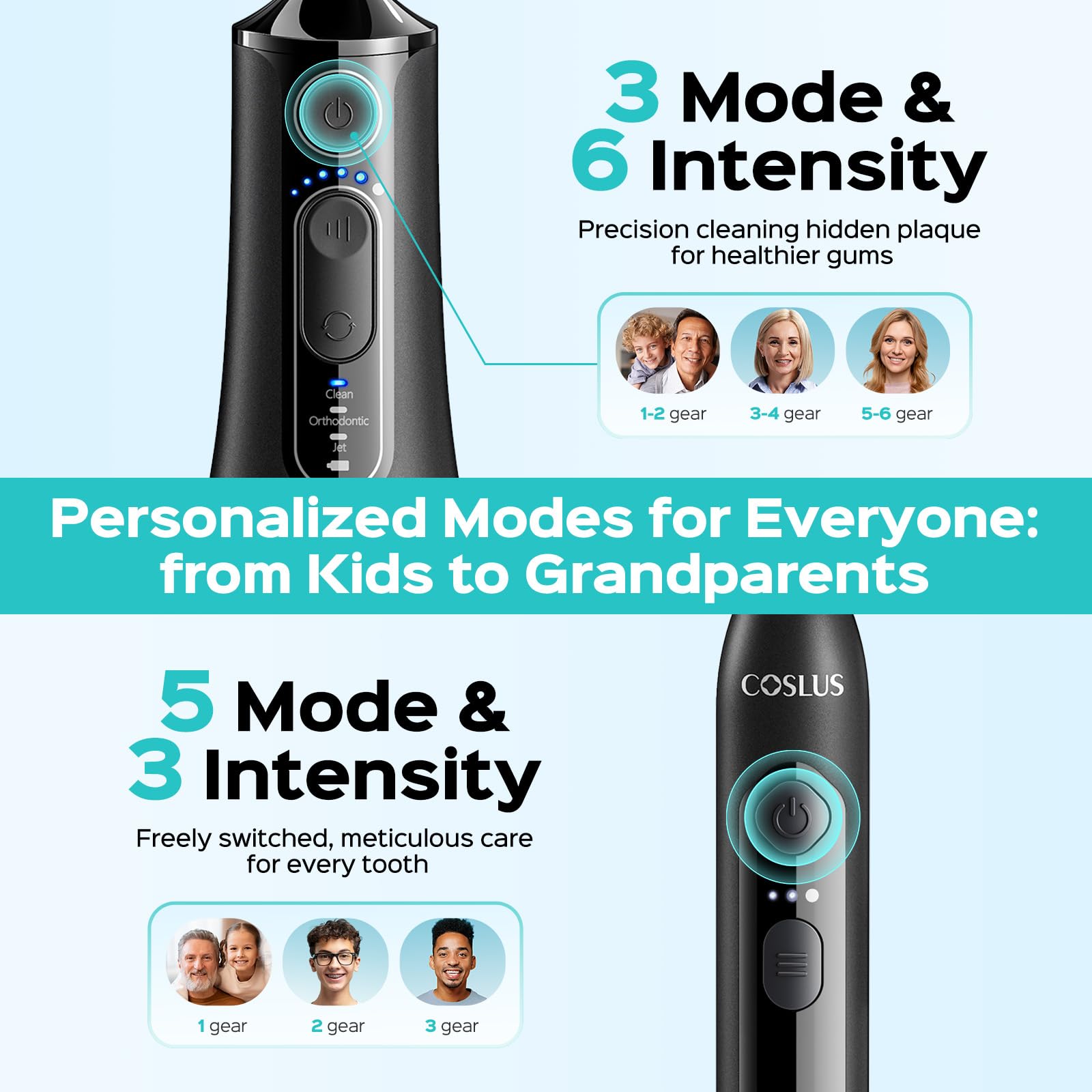 COSLUS C51C30 water flosser and electric toothbrush combo, 2-in-1 oral cleaning kit with toothbrush and water flosser attachments.