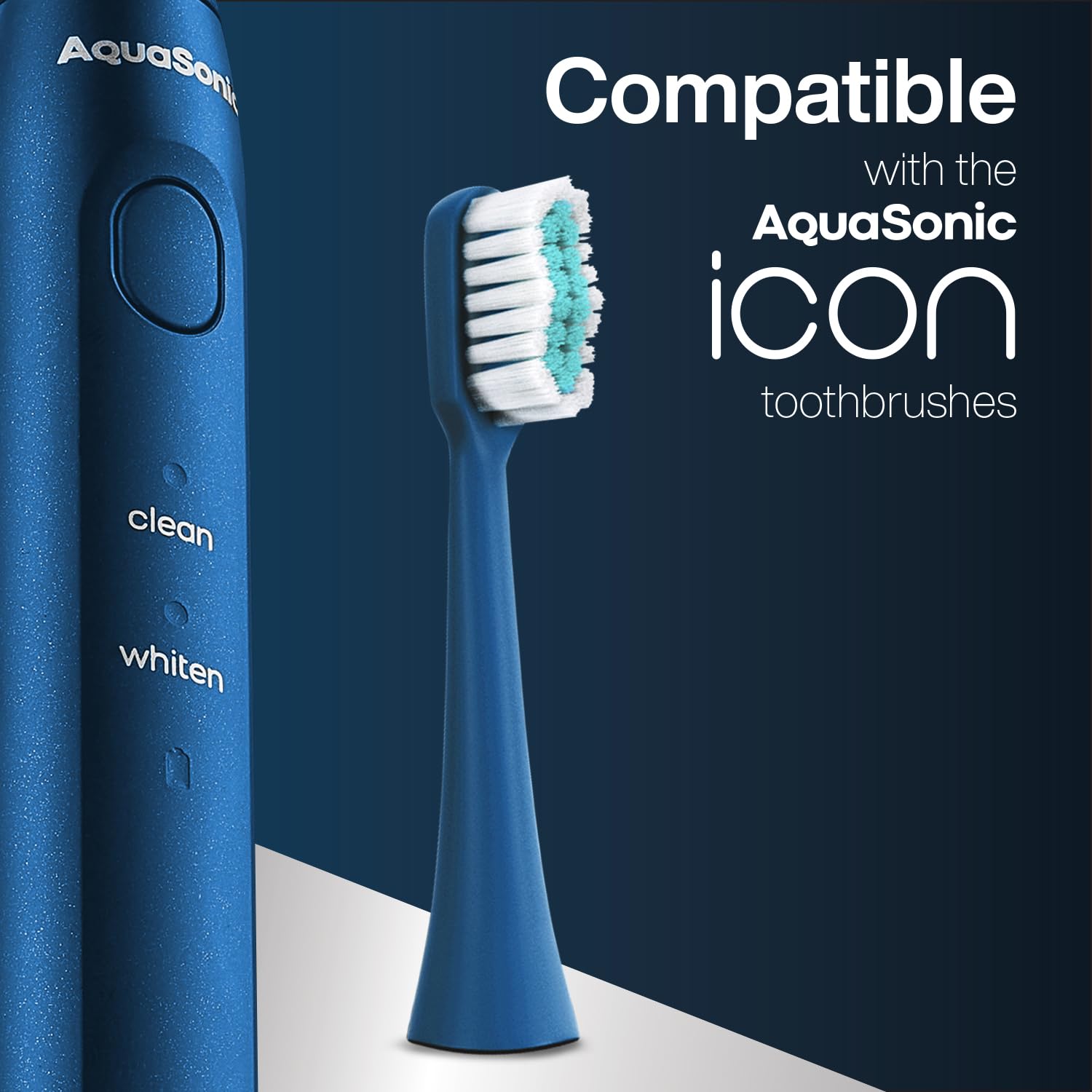 AquaSonic genuine icon replacement toothbrush heads, 2 navy blue brush heads suitable for normal and sensitive teeth.
