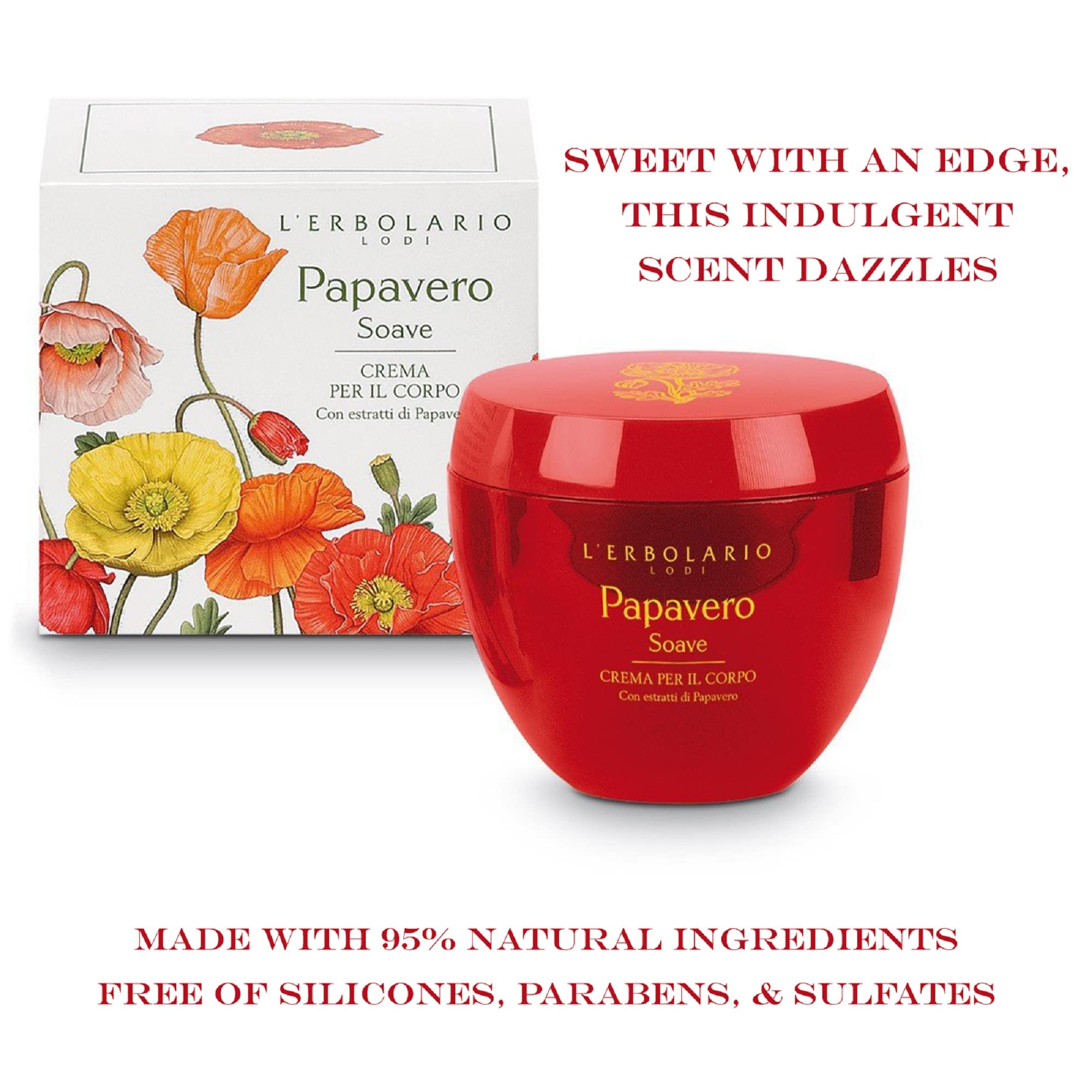 L'Erbolario Body Cream - Moisturizing Body Butter for Dry Skin - Soothing Skin Care With Vitamin E and Floral Amber Fragrance - Sweet Poppy - 6.7 oz