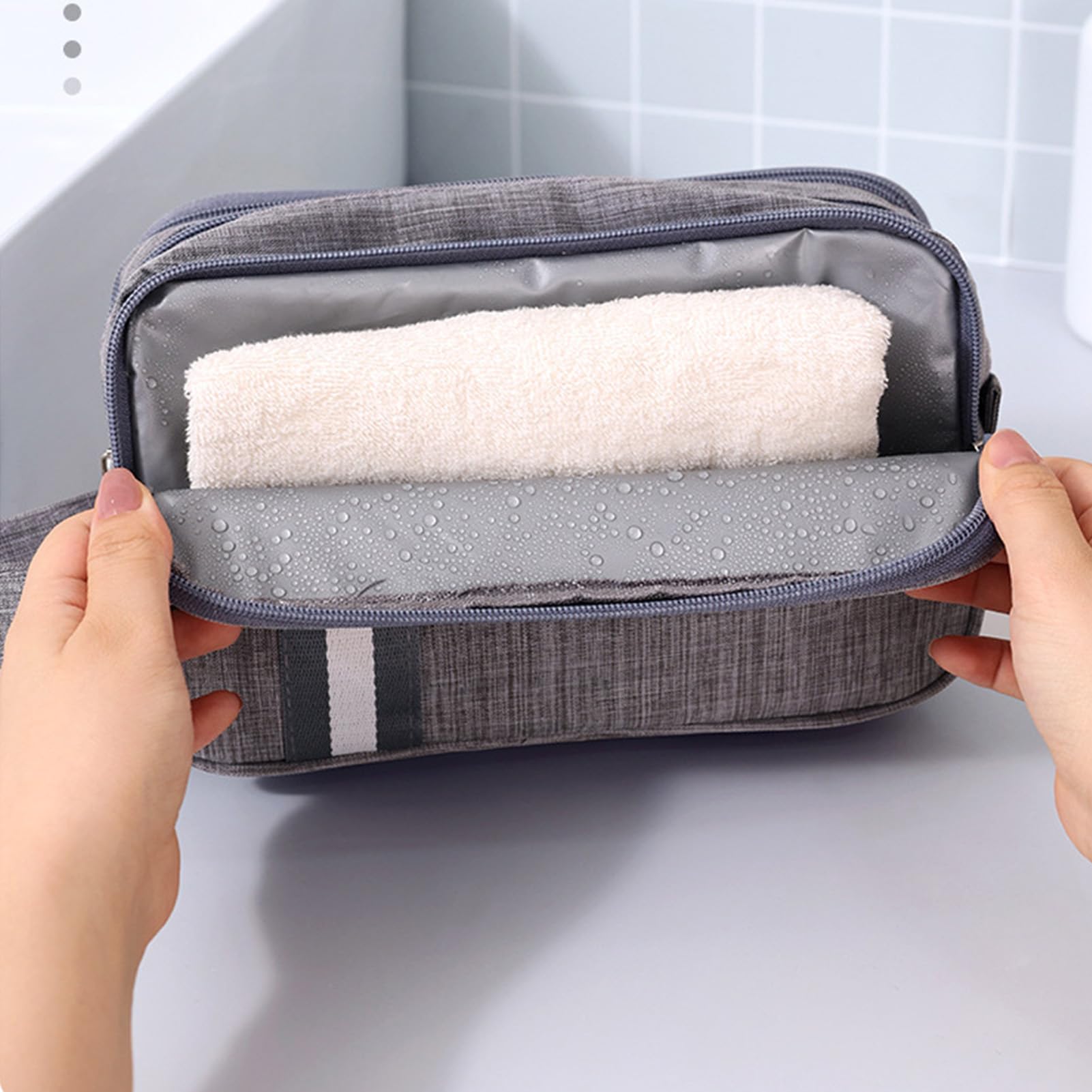 Gucagle cosmetic case toiletry bag with dry and wet compartments, lightweight polyester travel organizer for cosmetics storage.