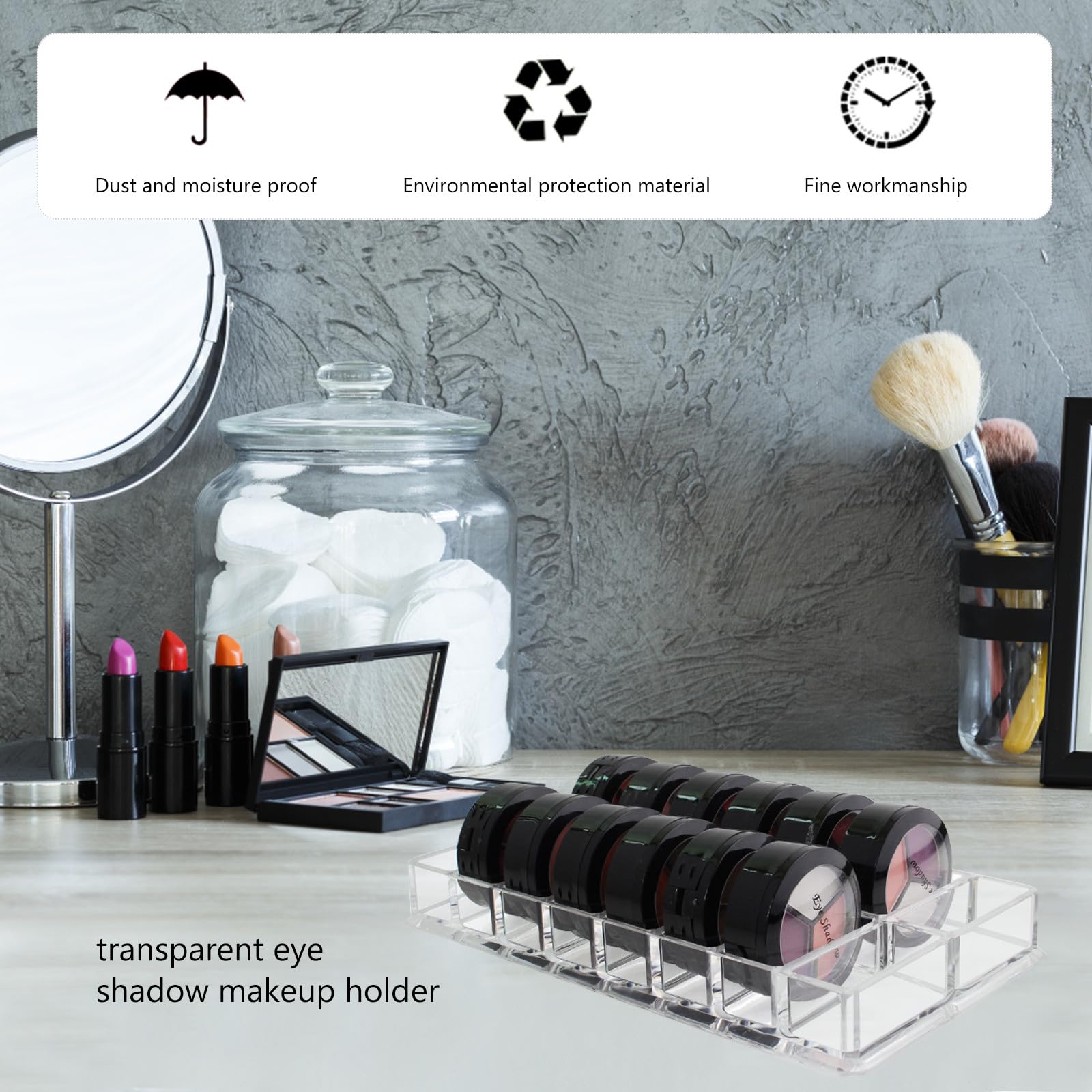 VILLCASE acrylic makeup storage caddy with 16 compartments for blush, eyeshadow, and cosmetics, ideal for vanity or travel.