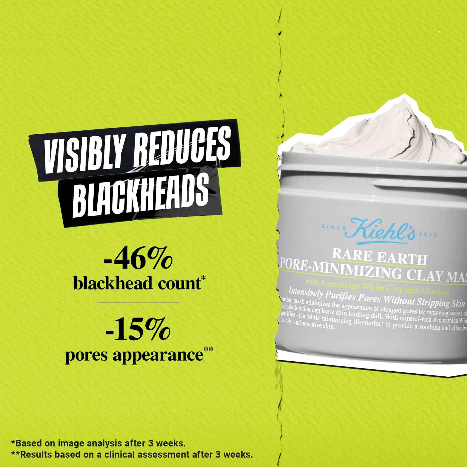 Kiehl's Rare Earth Clay Face Mask for minimizing pores, applied on clean skin, showing a smooth, clay-textured facial mask.