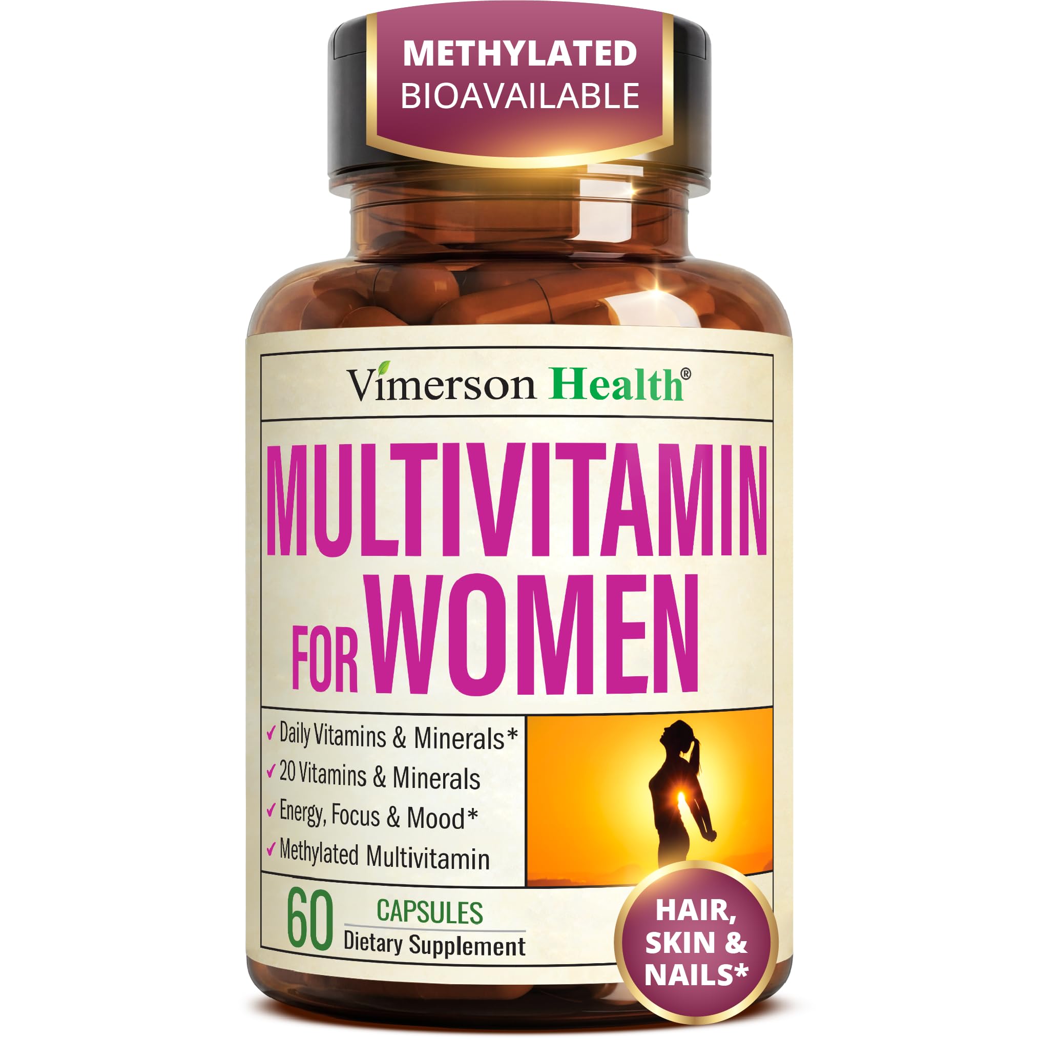 Vimerson Health Multivitamin for Women: Methylated B Vitamins, Chelated Minerals and Bioavailable D3 for Focus and Energy Support – Daily Womens Multivitamins and Multiminerals – 60 Capsules
