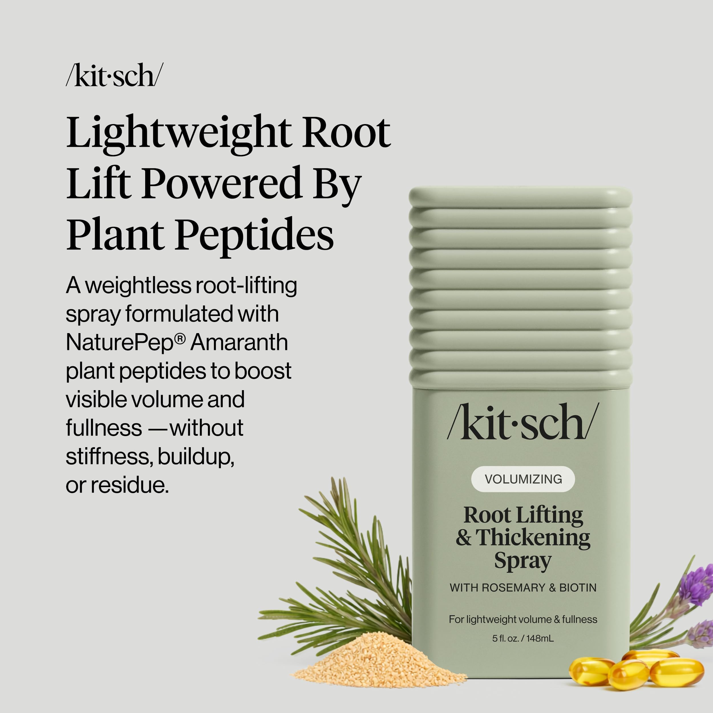 Kitsch Root Lifting & Thickening Spray 5oz for hair styling, showing the spray bottle with a white label and black cap.