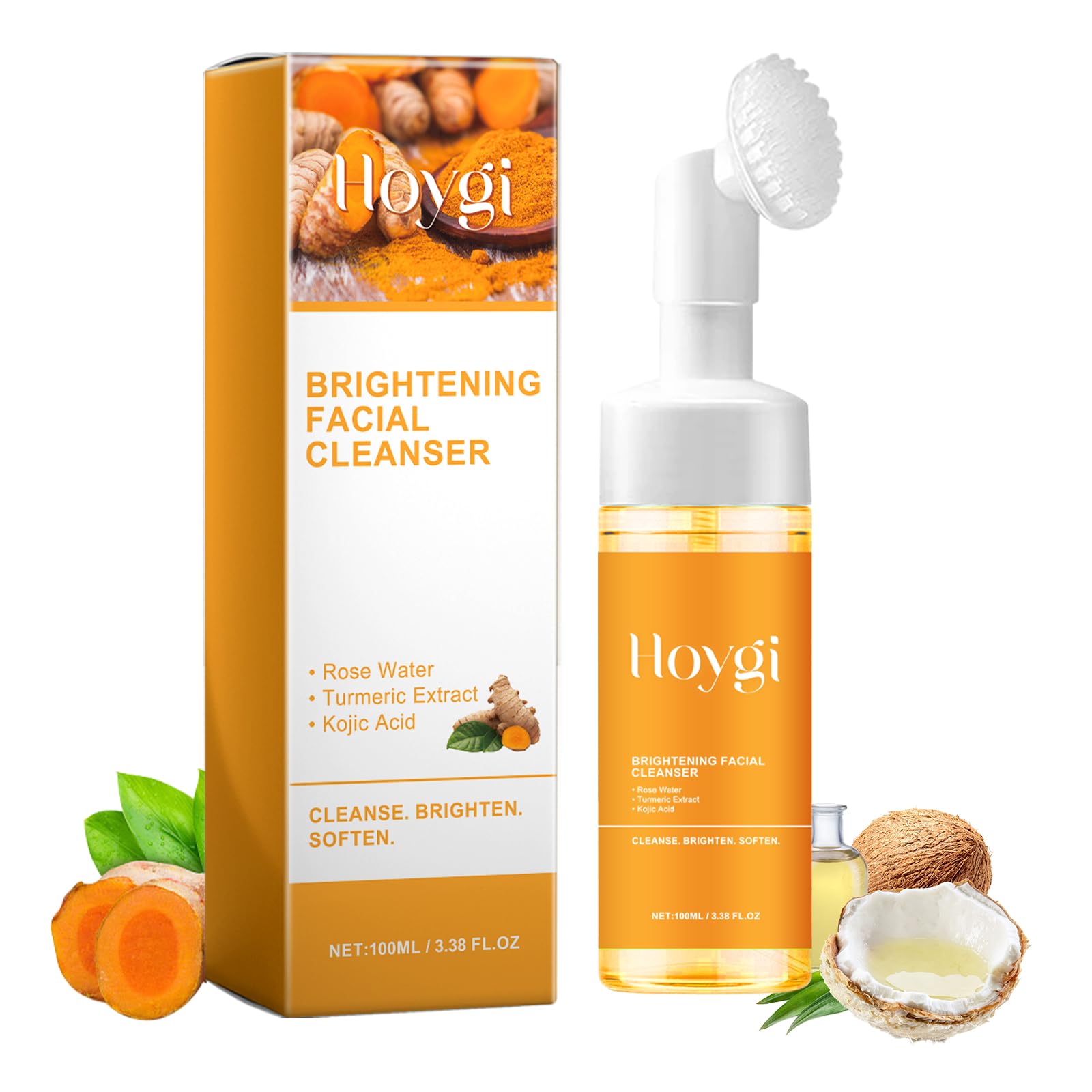 HOYGI Turmeric Face Wash with brush, 3.38 fl oz, for skin cleansing and brightening, featuring a tube and facial cleansing brush.