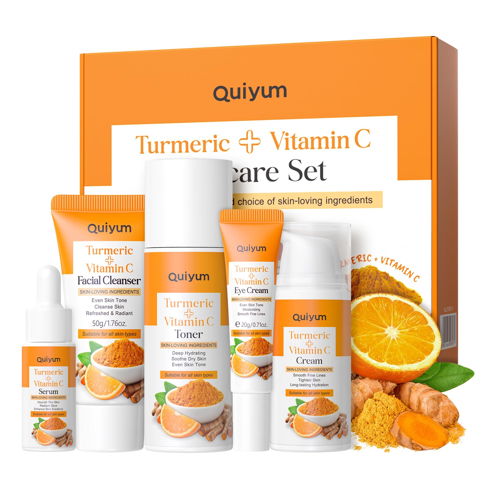 QUIYUM Turmeric Vitamin C Skin Care Set, 5PCS Beauty Routine for - Product Imagery