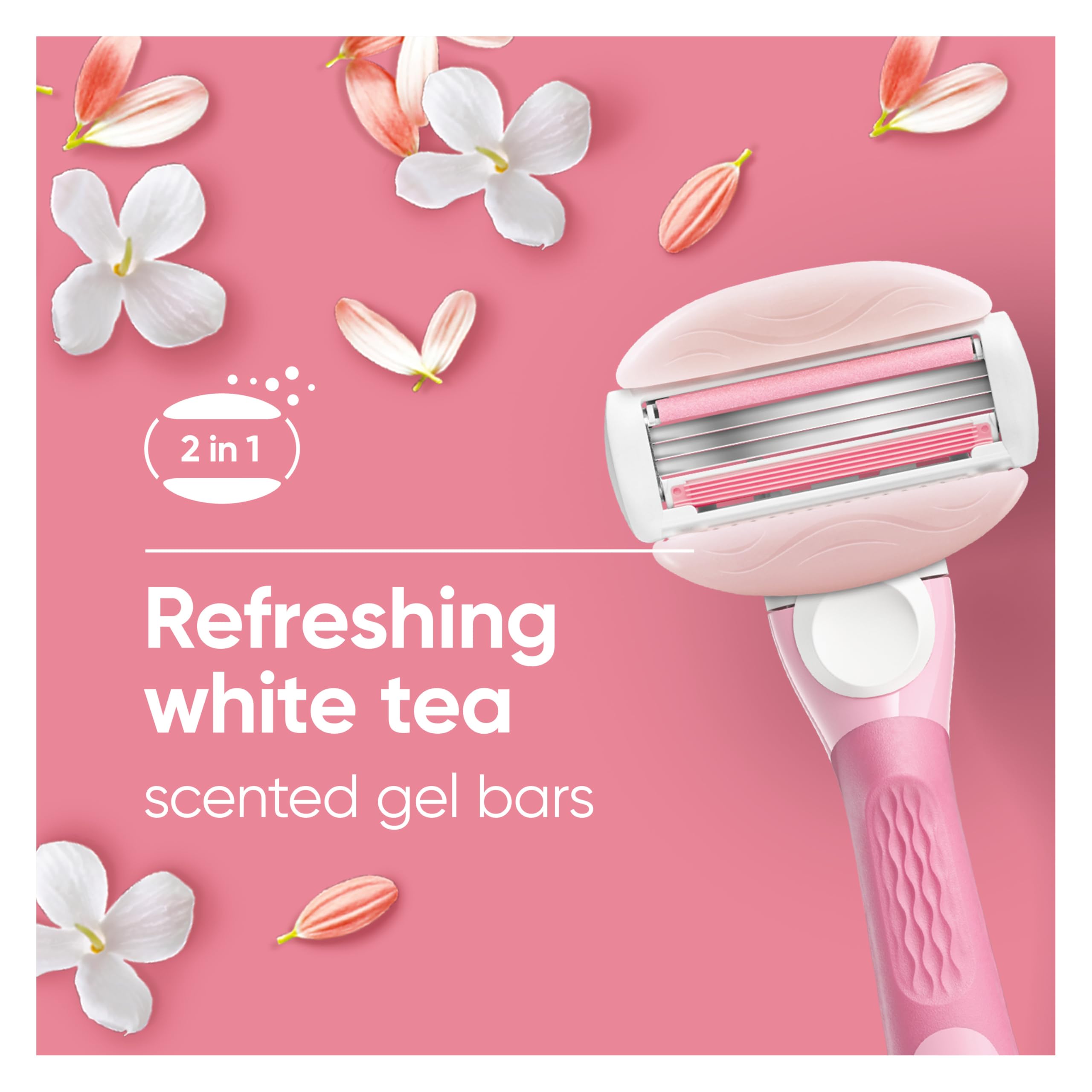 Gillette Venus ComfortGlide white tea women's manual razor with one handle and four blade refills on a white background.