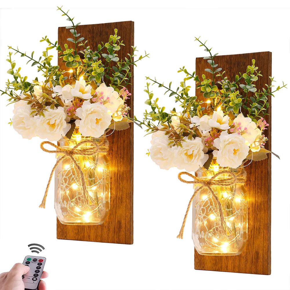 Homecor Rustic Wall Sconces Mason Jar Sconces Handmade Wall Art Hanging Design with Remote Control LED Fairy Lights and 