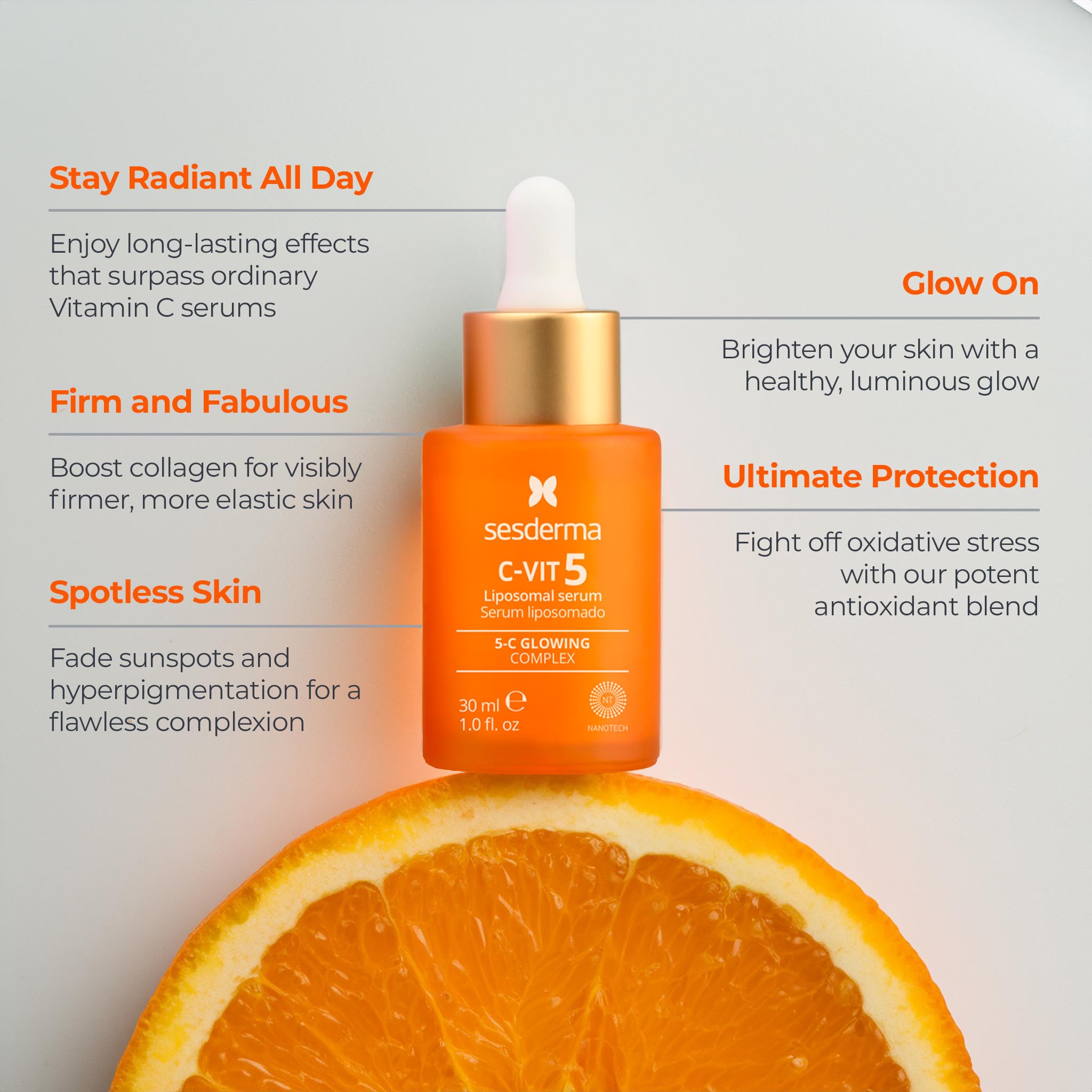 Sesderma C-VIT 5 Fusion Vitamin C Serum in a bottle, highlighting its brightening, hydrating, and antioxidant properties.