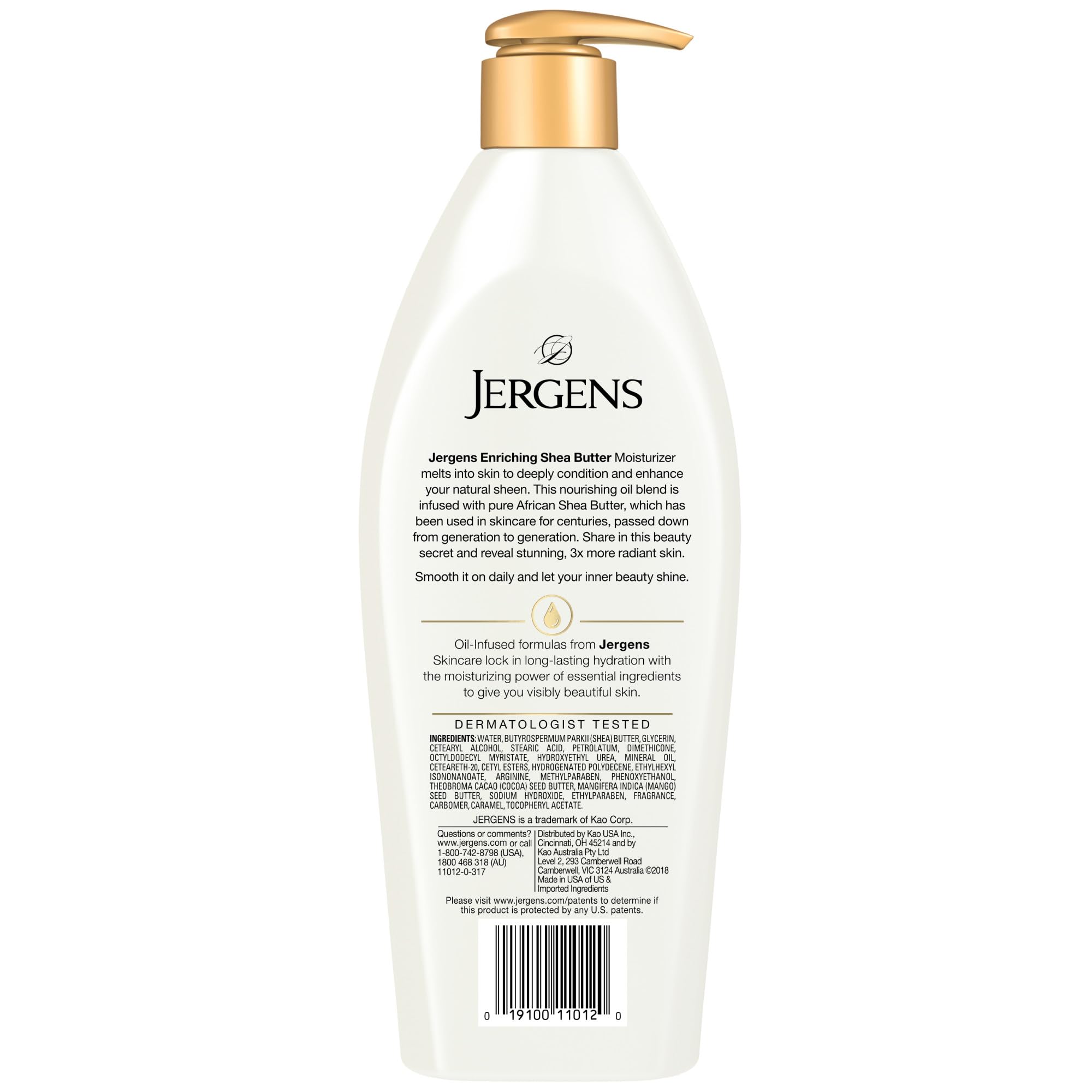 Jergens Shea Butter Hand and Body Lotion in 16.8 oz bottles, deep conditioning moisturizer with pure shea butter, dermatologist tested