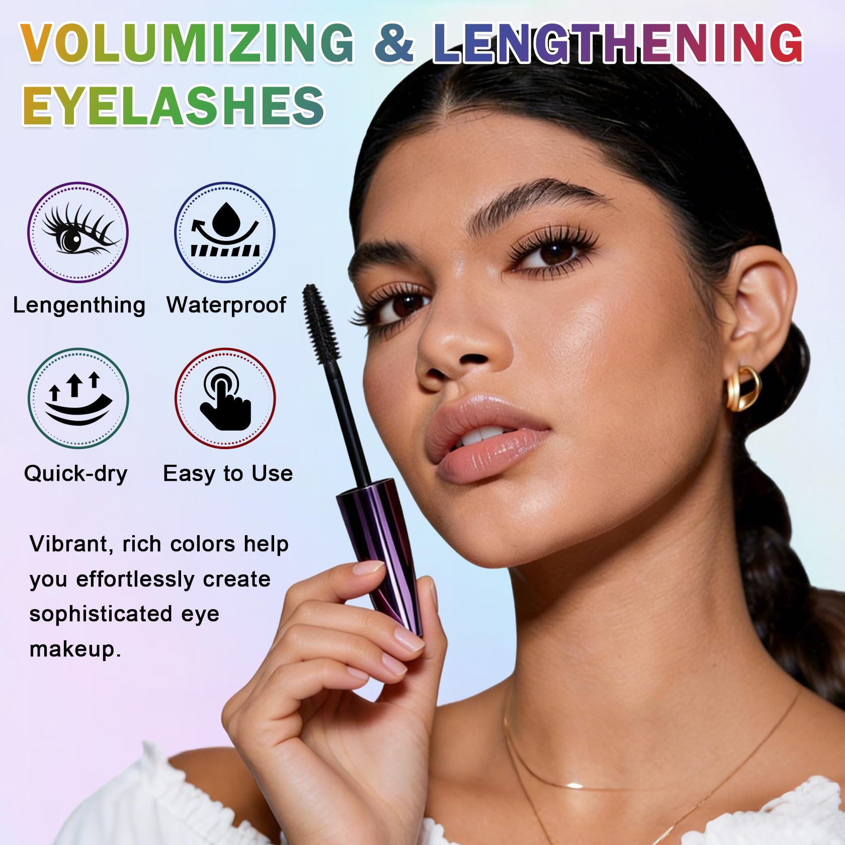Pink waterproof mascara by Rosawee with 5D volume and length, showcasing thick, curled eyelashes on a model.