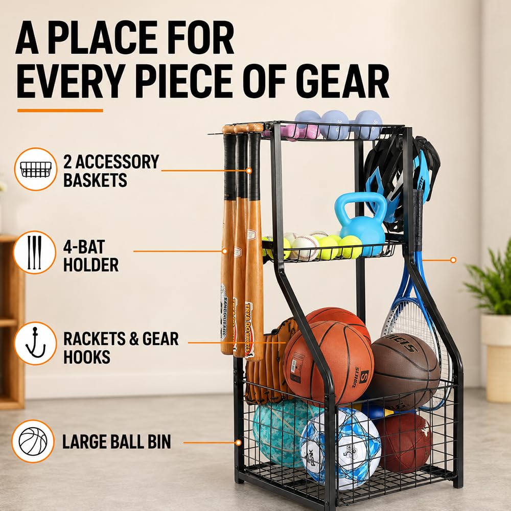 YueTong Garage Sports Organizer with Ball Rack, Bat Holder and 4 Hooks – full view