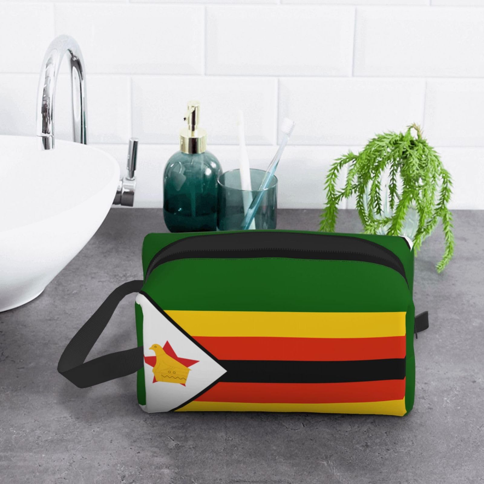 SXZVVBN large Zimbabwe flag travel toiletry bag made of durable Oxford cloth, perfect for cosmetics and makeup organization.