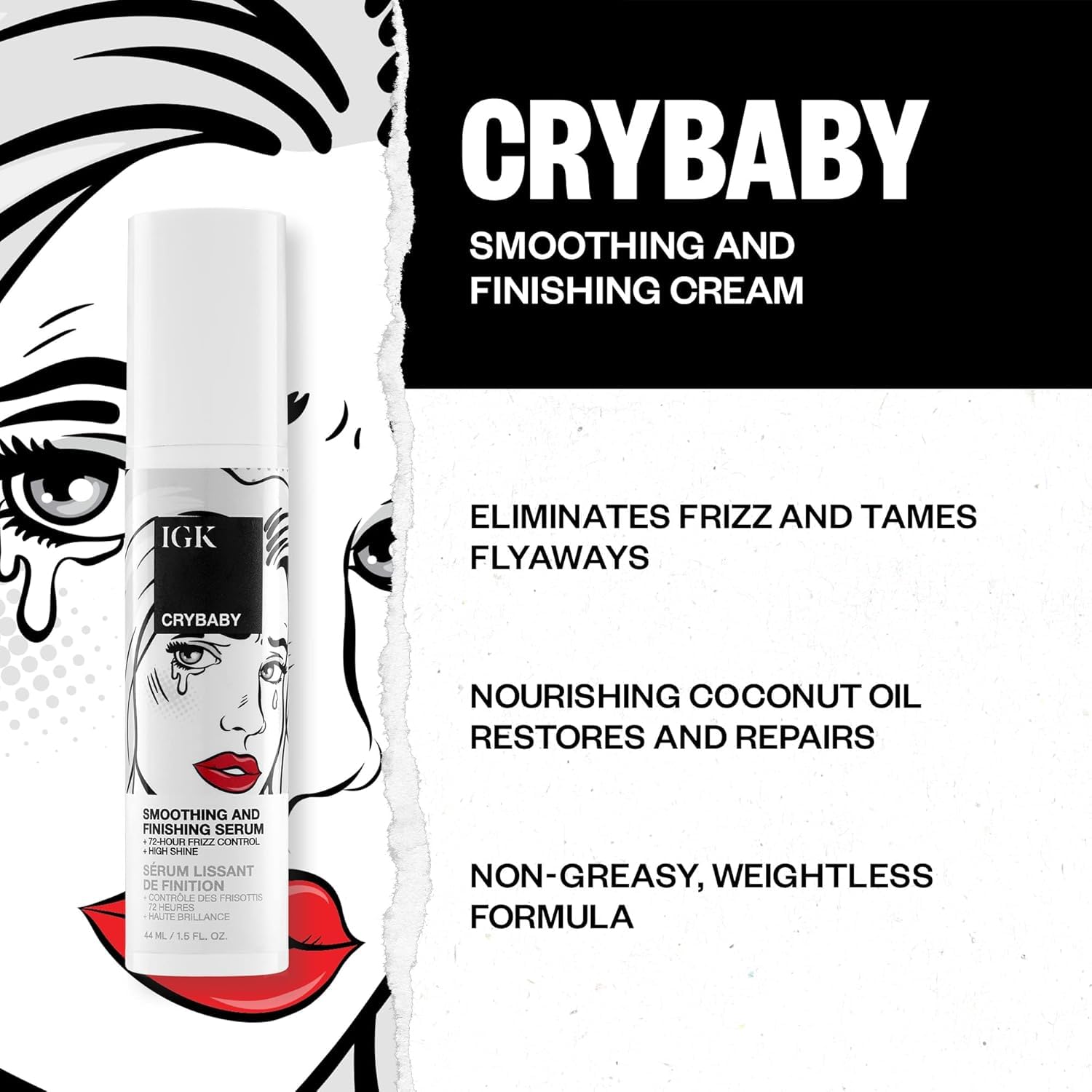 IGK Crybaby Smoothing & Finishing Serum for hair, high shine, frizz control, lightweight, vegan, cruelty-free, 1.5 oz bottle.