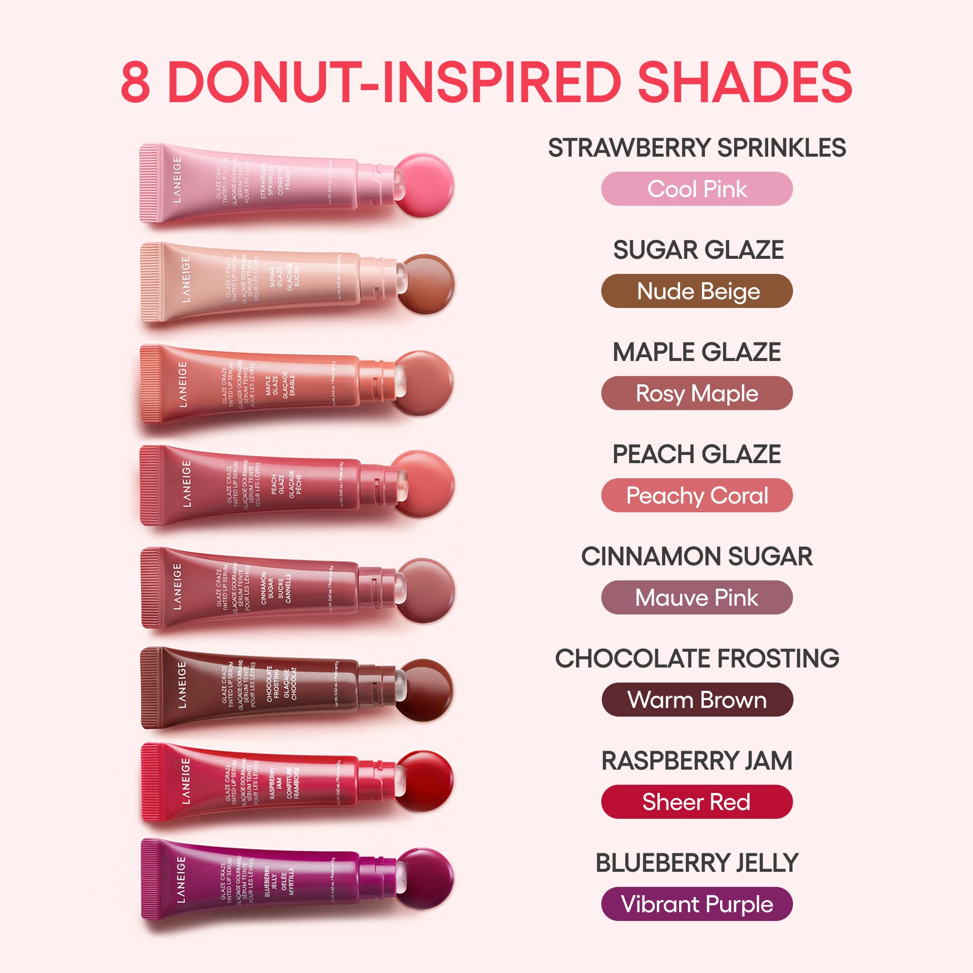 Laneige Glaze Craze tinted lip serum in Chocolate Frosting showing soft, glossy lips with buildable shine and hydrating finish.