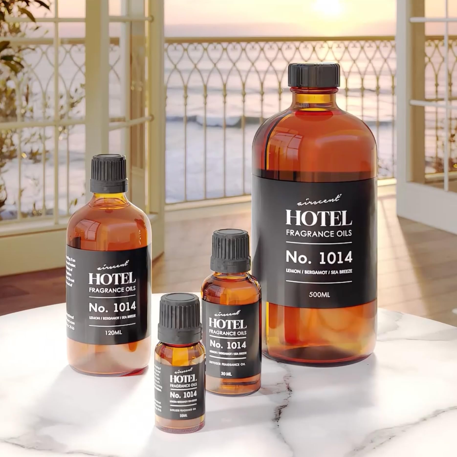 Air-Scent Hotel Diffuser Oil No. 1014, 5-star blend essential oil in 30mL bottle, with a clear glass container and aromatic diffuser accessories.