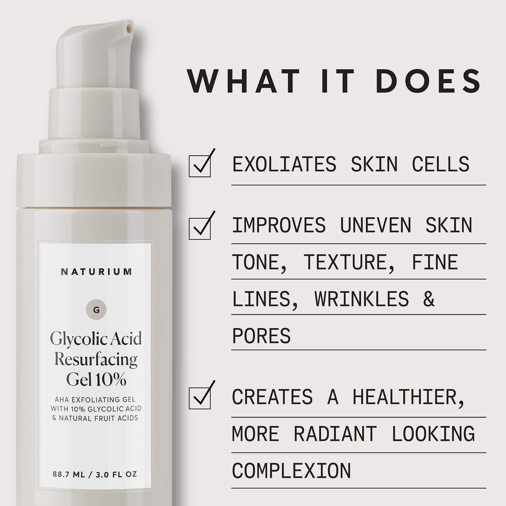 Naturium Glycolic Acid Resurfacing Gel 10% exfoliating gel with natural fruit acids, 3 oz, for skin renewal and smoothness.